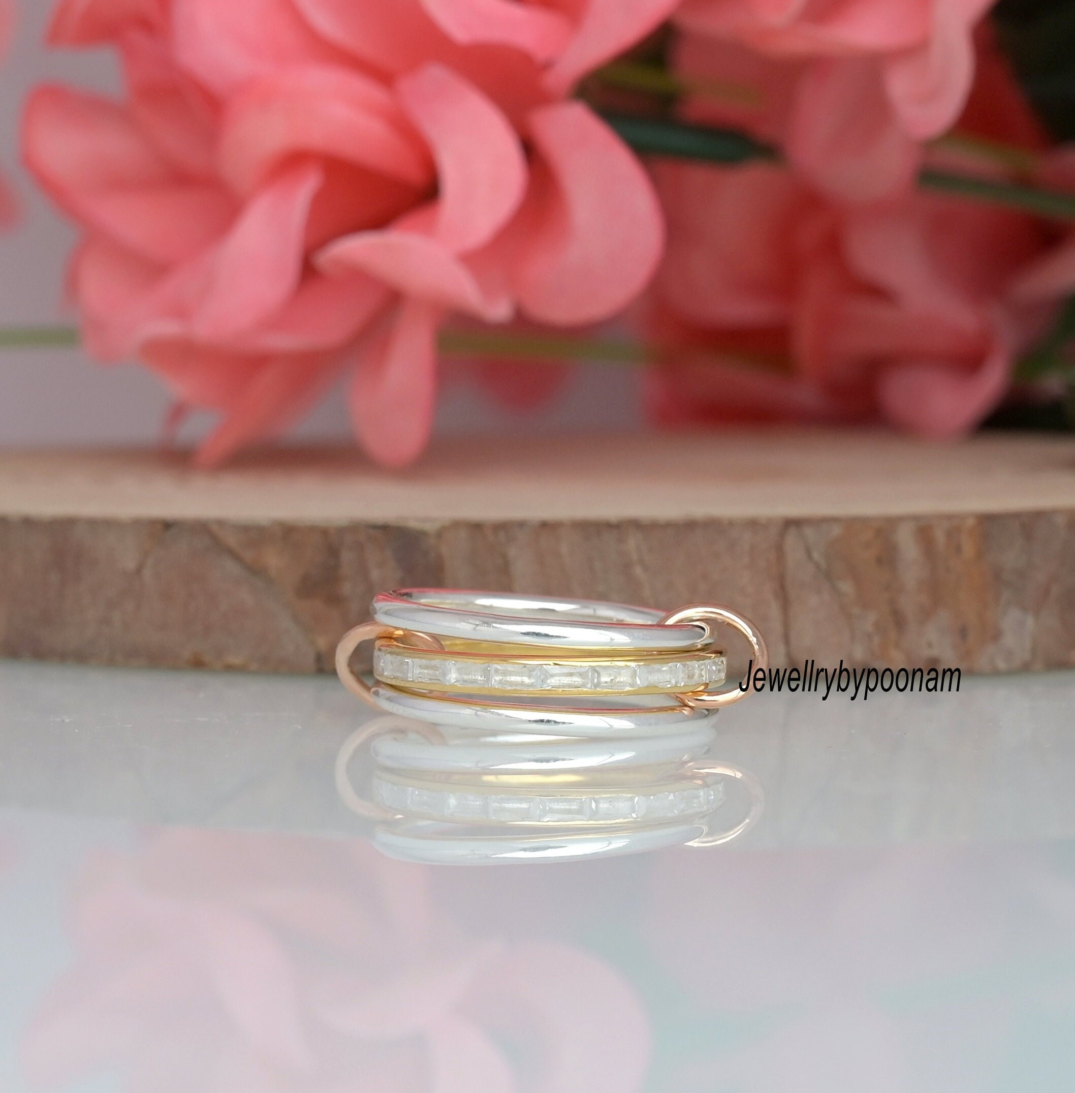 14k Gold-Plated Multi-Link Ring: 925 Sterling Silver White Topaz Interlocking Band Ring - Jewelry By Poonam | SKU: PJR1029-SL