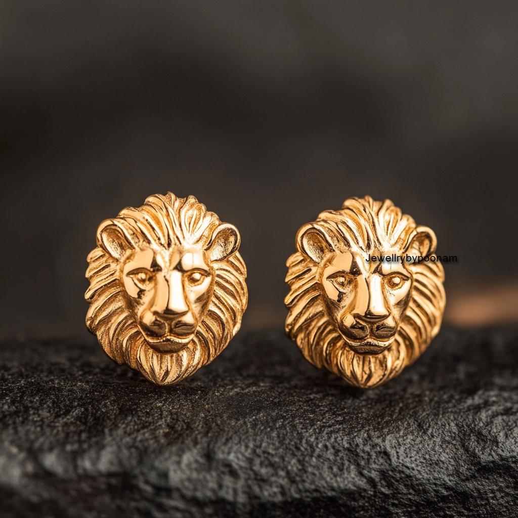 9k/14k Gold & 925 Sterling Silver Lion Head Earrings, Dainty  display picture 1