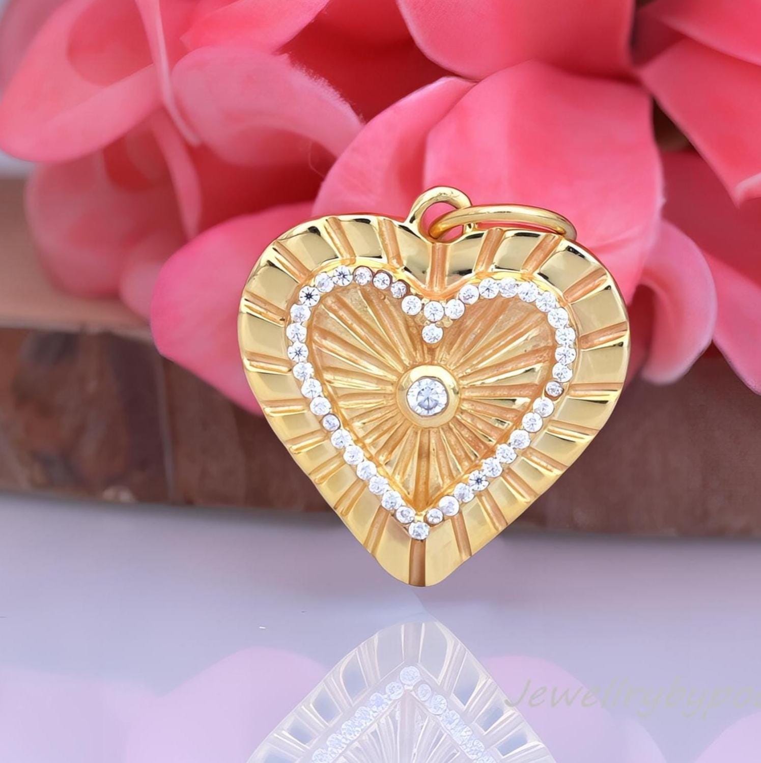 14k Gold Plated Fluted Heart Charm: Moissanite Diamond Pendant - Jewelry By Poonam | SKU: PJP4421-SLYGMN-22M 2/26