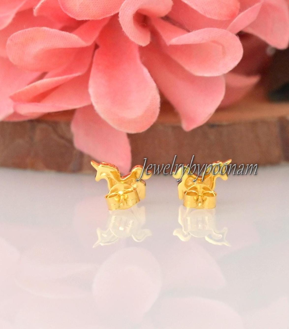 925 Sterling Silver Unicorn Stud Earrings — Dainty Flying Horse Jewelry - View 2 - Jewelry By Poonam | SKU: PJE1886-SLYG-10M