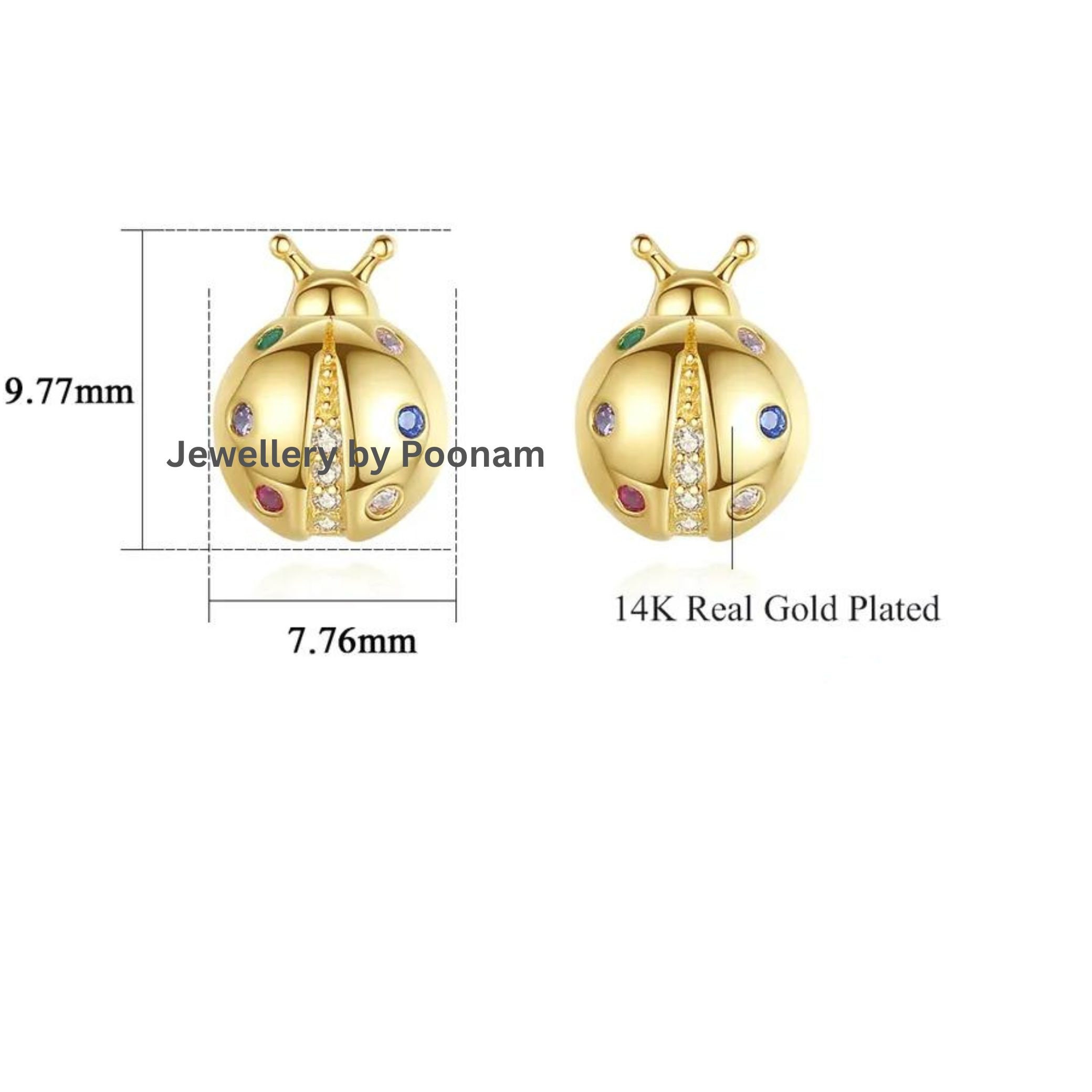 Ladybug Stud Earrings β 9K/14K Gold, Sterling Silver, Multi-Color CZ Animal Jewelry - View 3 - Jewelry By Poonam | SKU: MJE25