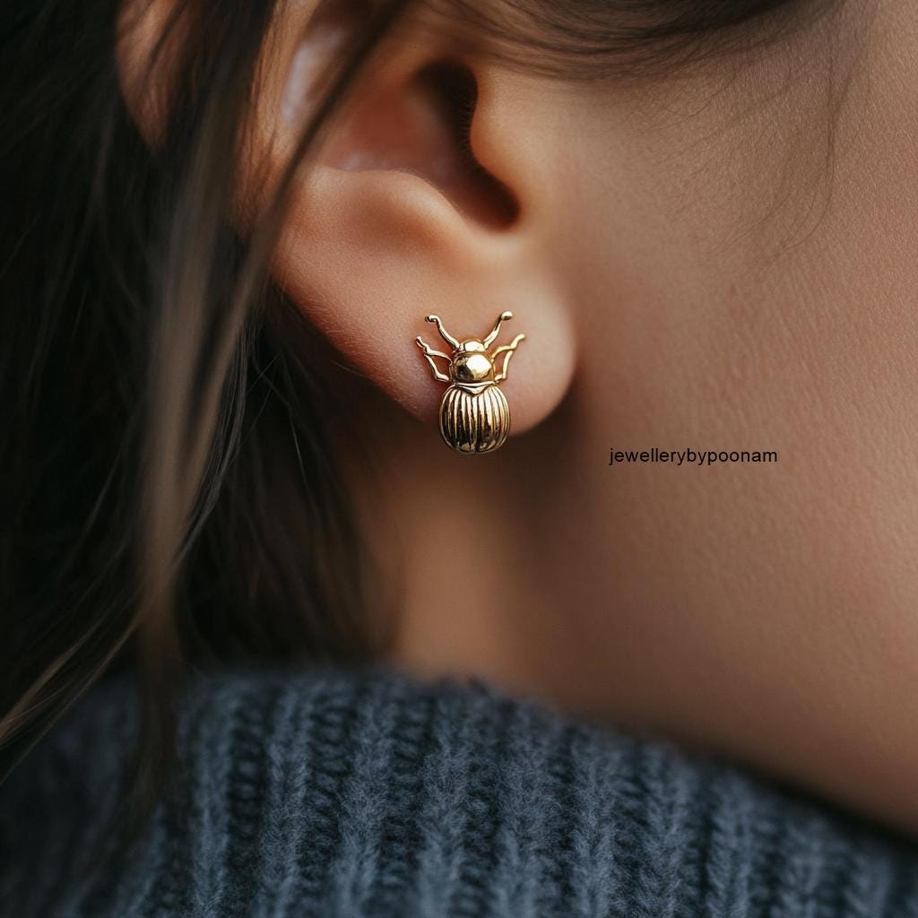 925 Sterling Silver Beetle Stud Earrings, Scarab Amulet Insect Jewellery (10 MM) - View 2 - Jewelry By Poonam | SKU: PJE1814-