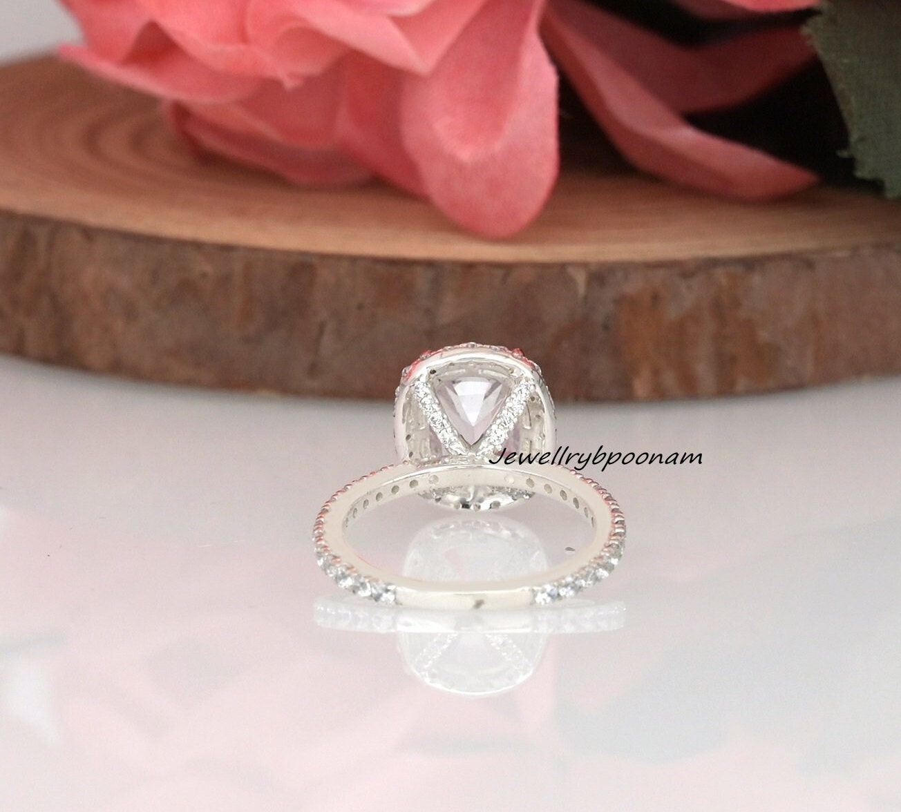 Halo Cushion Cut Sona Simulated Diamond Engagement Ring in Sterling Silver - Affordable Luxury - View 4 - Jewelry By Poonam |