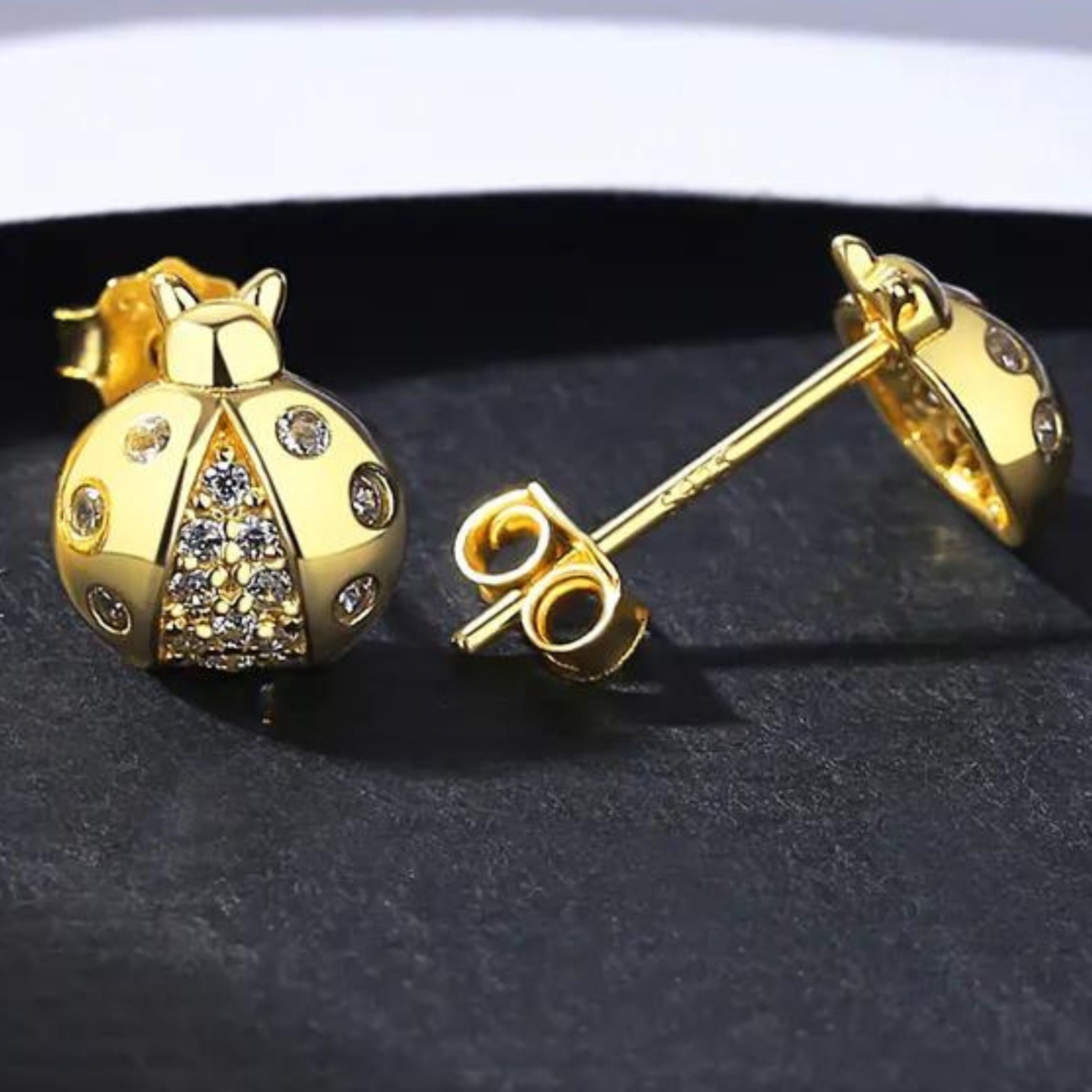 Gold Ladybug Stud Earrings β Moissanite Diamond β 9K / 14K Gold or 925 Silver - View 4 - Jewelry By Poonam | SKU: E-105