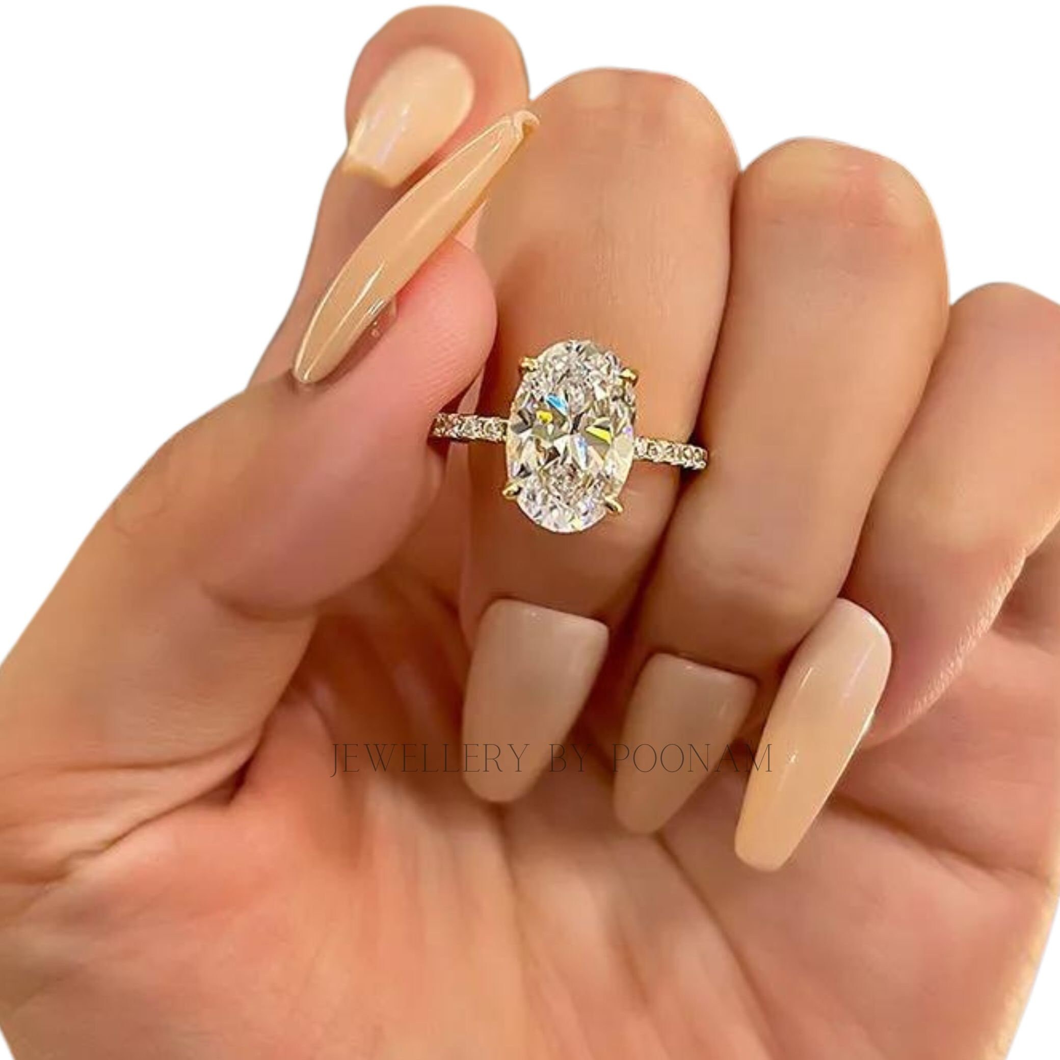 Oval Cut Simulated Diamond Engagement Ring – Sterling Silver White Gold Plated Bridal Ring - View 6 - Jewelry By Poonam | SKU
