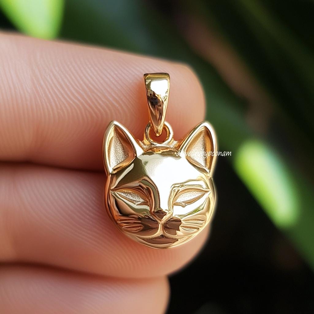 14K Gold Cat Face Pendant, Dainty Sterling Silver Animal Charm - View 3 - Jewelry By Poonam | SKU: PJP4547-SLYG-15M 2/26