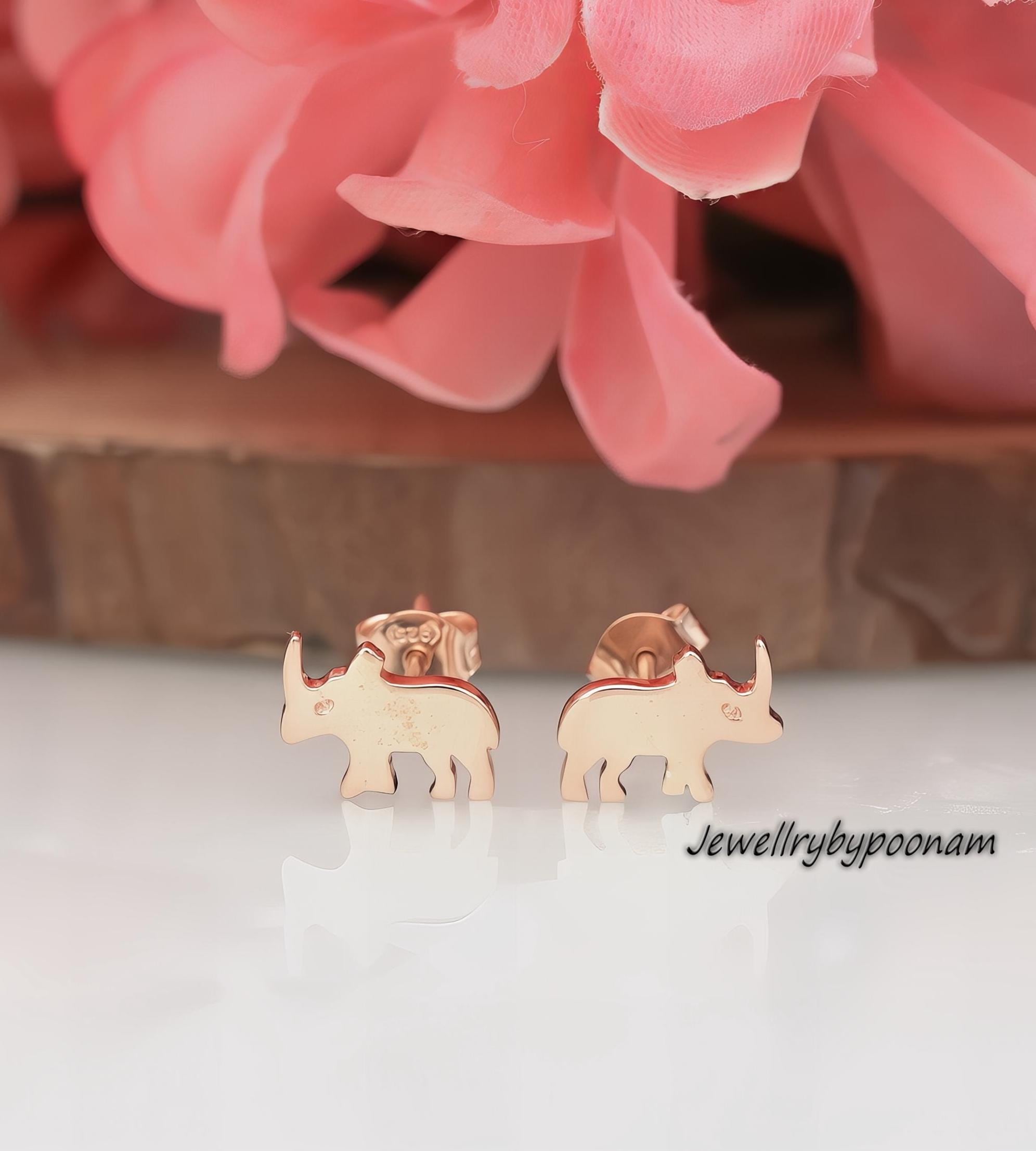Tiny Rhino Stud Earrings in 925 Sterling Silver — Handmade Rhinoceros Earrings - Jewelry By Poonam | SKU: PJE1693-SLRG-10M 2/