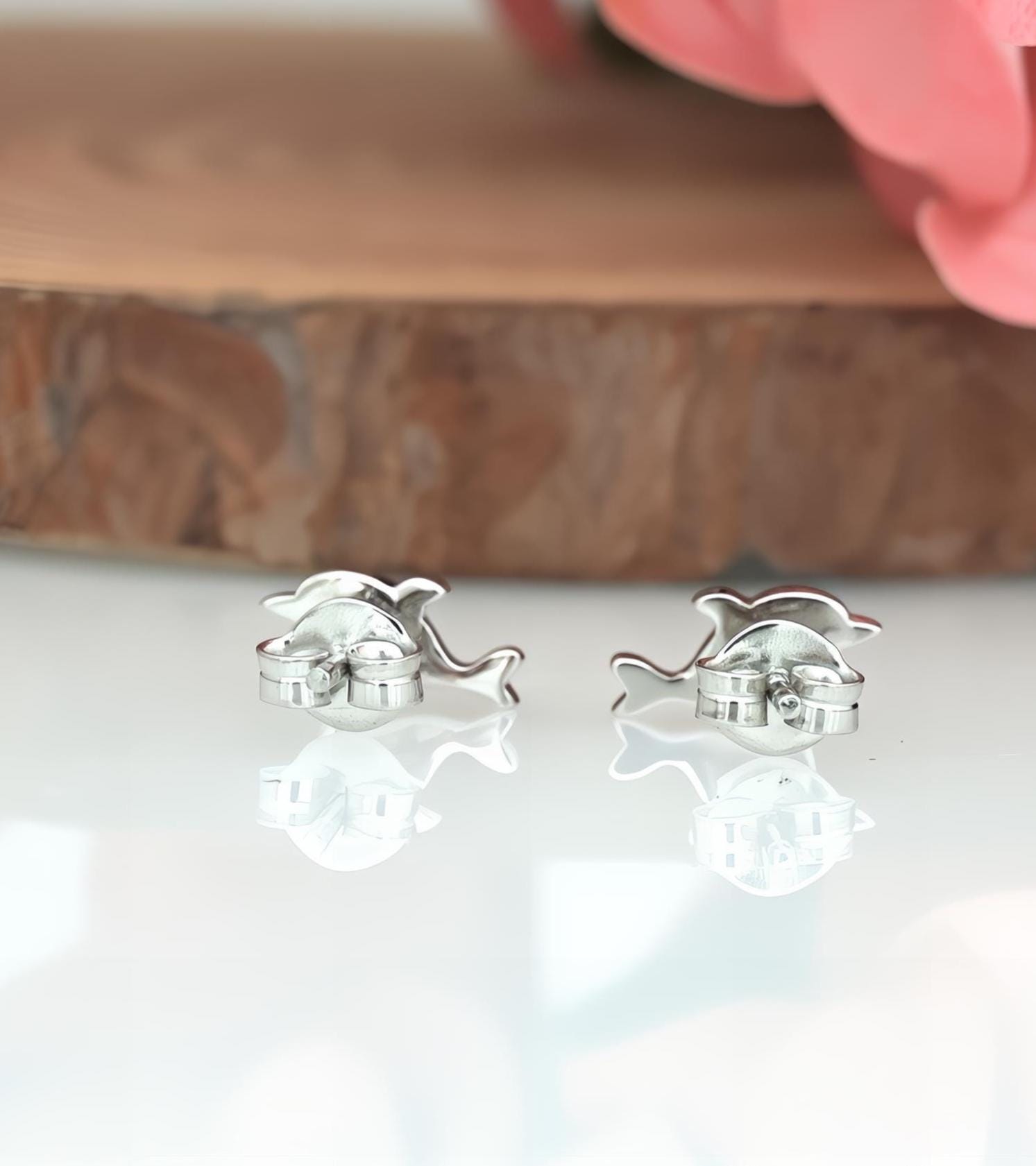 Sterling Silver Dolphin Stud Earrings with CZ: Dainty Animal Studs - View 6 - Jewelry By Poonam | SKU: PJE1683-SLYGBCZ-10M 2/