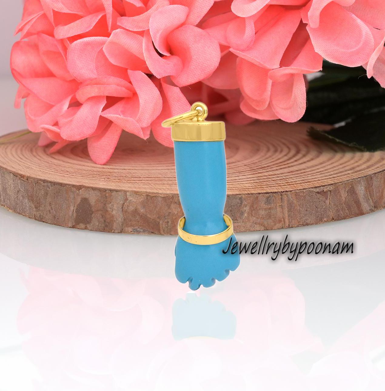 Sterling Silver Figa Hand Pendant: Yellow Gold Turquoise Enamel - View 3 - Jewelry By Poonam | SKU: PJP3441-SLYGTQELGD-35M 2/