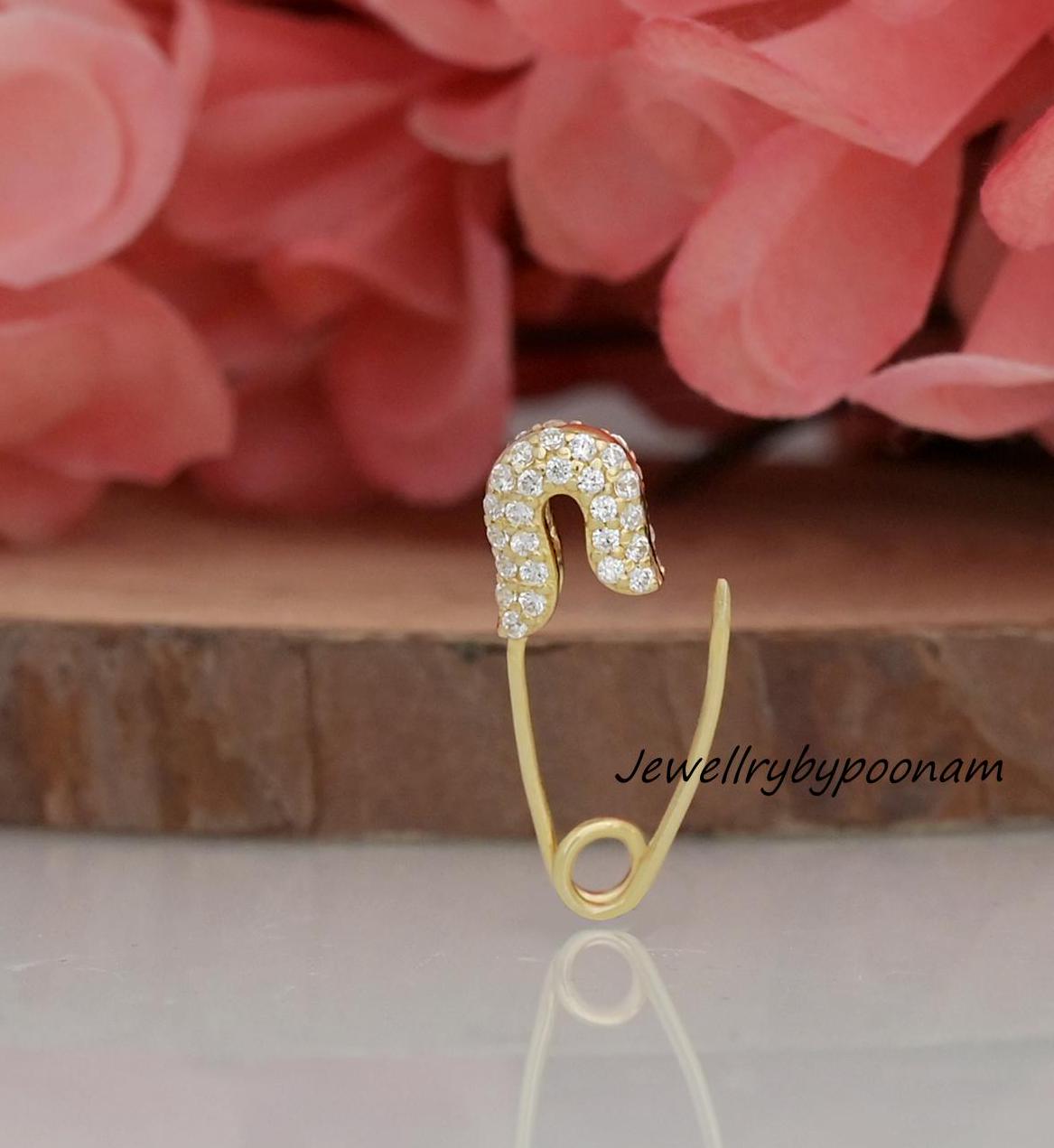 14k Gold Diamond Safety Pin Charm Lock: Sterling Silver Enhancer - View 2 - Jewelry By Poonam | SKU: PJH2608-SLYGCZ-23MM 2/26