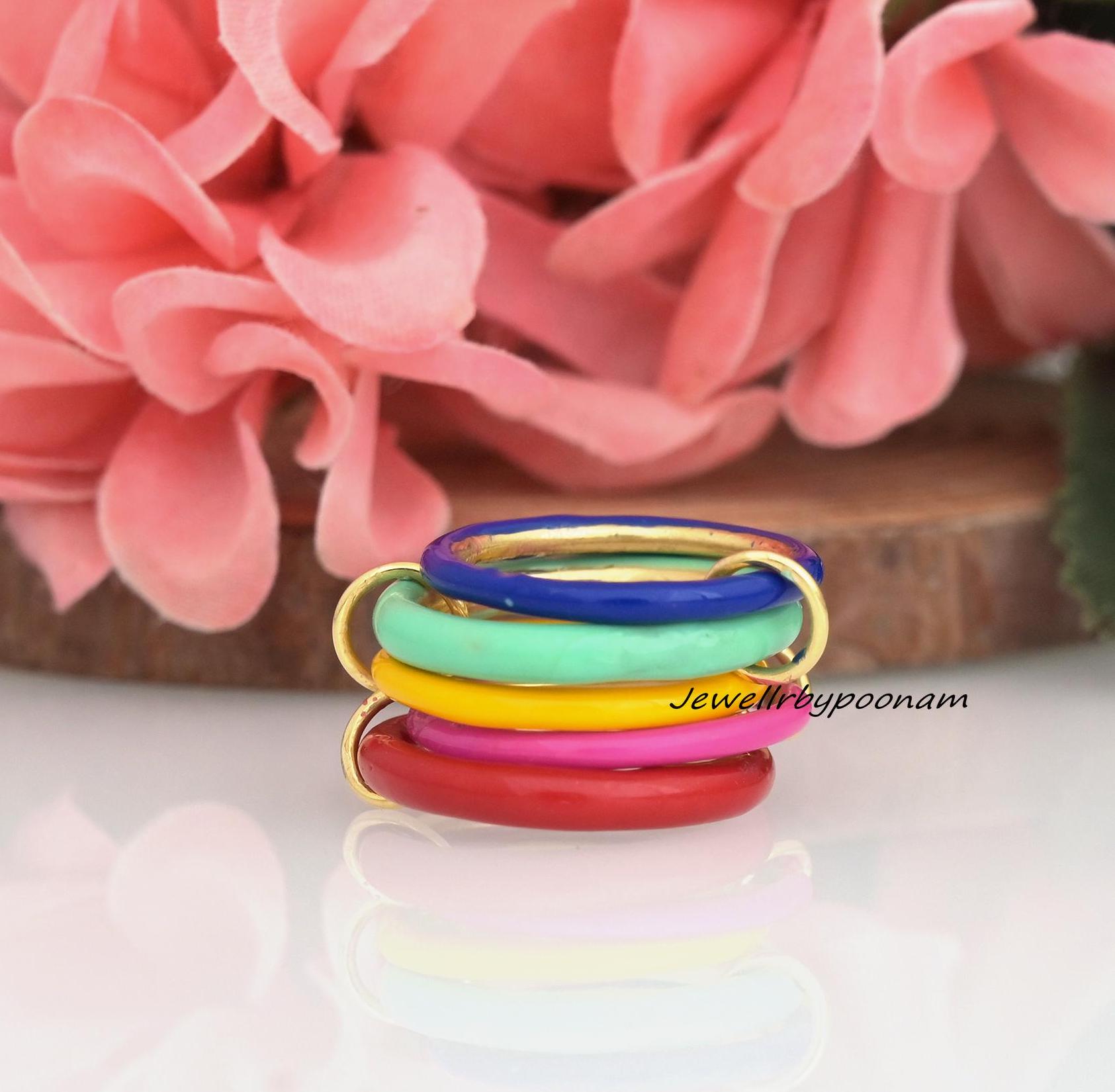 Sterling Silver Enamel Band Ring, Gold-Plated Stacking Ring, Colorful Fashion Accessory - Jewelry By Poonam | SKU: PJR2779- S