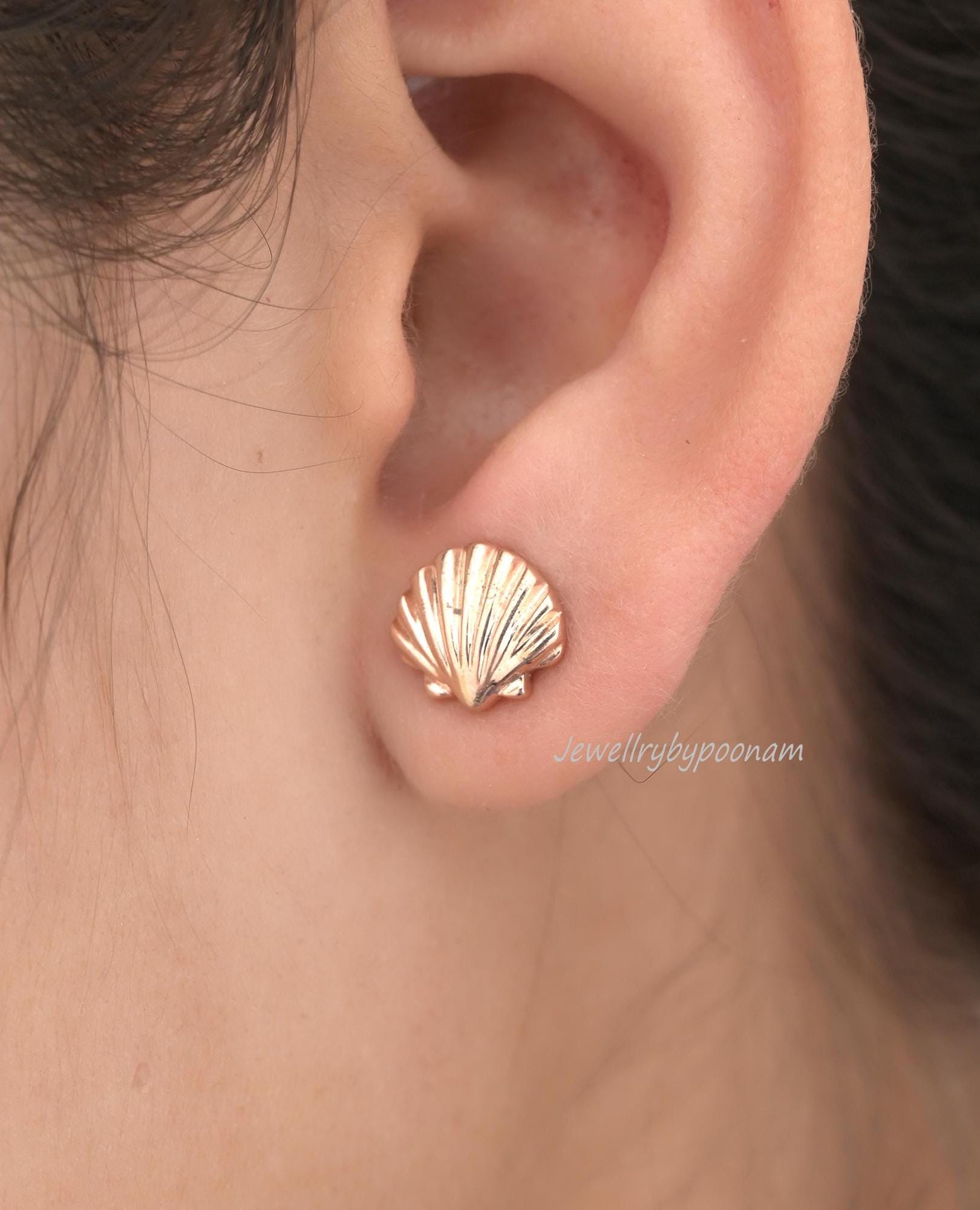 925 Sterling Silver Seashell Stud Earrings — Dainty Scallop Jewelry - View 2 - Jewelry By Poonam | SKU: PJE1757-SLRG-10M 2/26