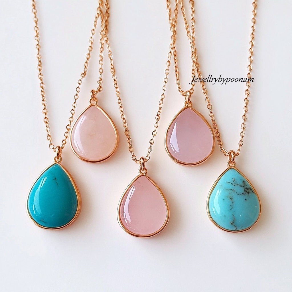 Sterling Silver Teardrop Pendant: Turquoise or Pink Opal, 20MM - Jewelry By Poonam | SKU: PJP-