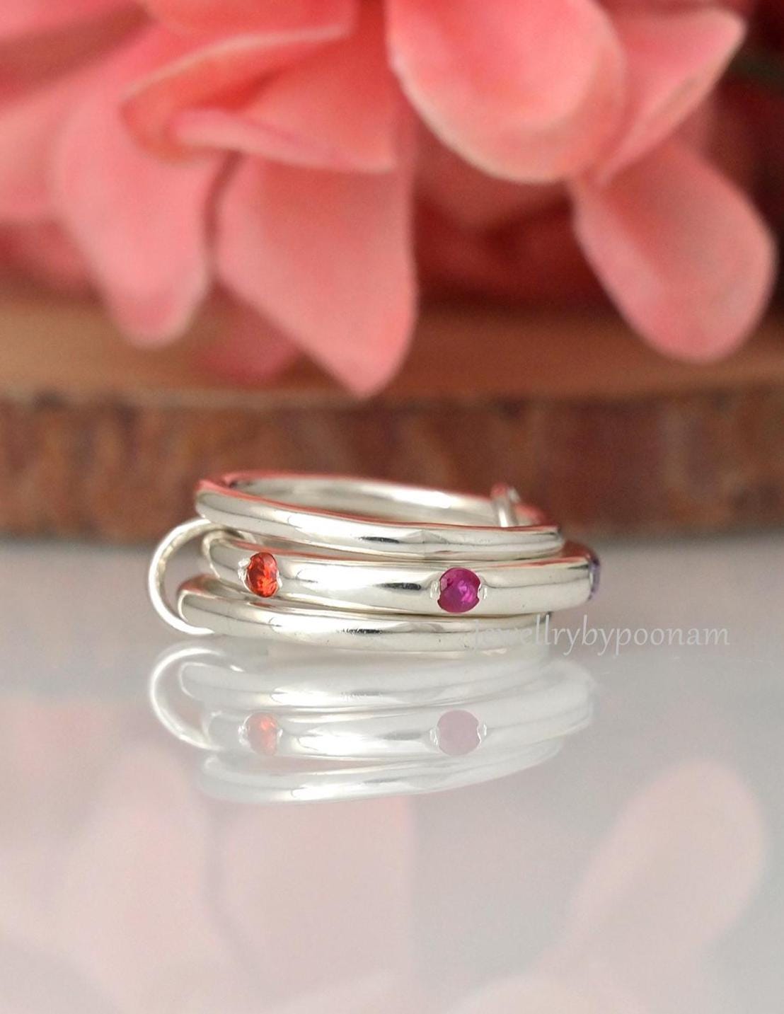 925 Sterling Silver Multi-Gemstone Connector Ring Set: Chunky Multi-Link Design - Jewelry By Poonam | SKU: PJR3001-SLNSMG-US-