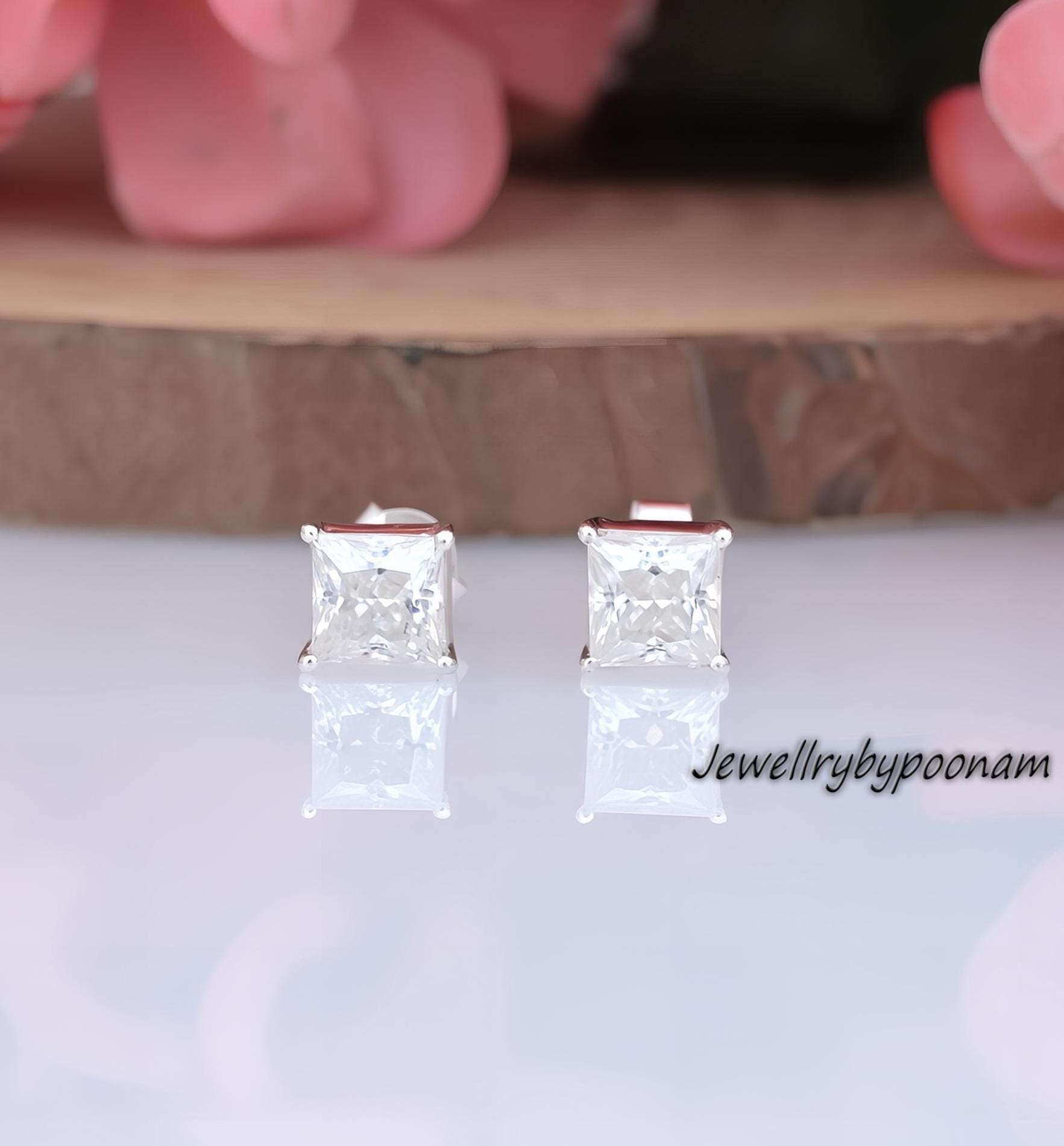 925 Sterling Silver Princess Cut Moissanite Stud Earrings, Minimalist Earrings, 6 mm Square Studs - View 2 - Jewelry By Poona