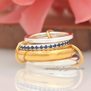 14k gold Diamond connector band Ring, Chunky Connector Ring,Gold Ring Set, Eternity Statement Interlocking Silver Ring,4 set multi band ring