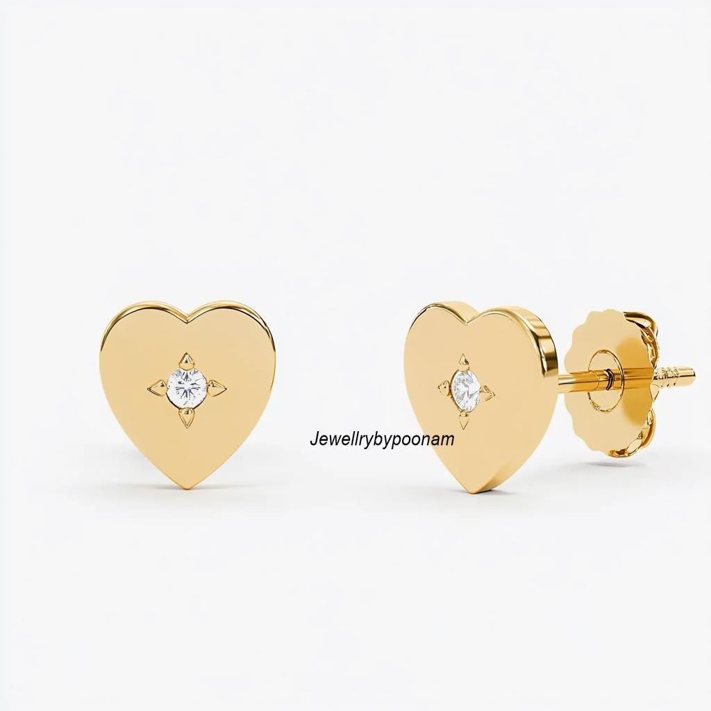 Handmade 925 Silver Heart Studs with Cubic Zirconia — Delicate Earrings - View 2 - Jewelry By Poonam | SKU: PJE-