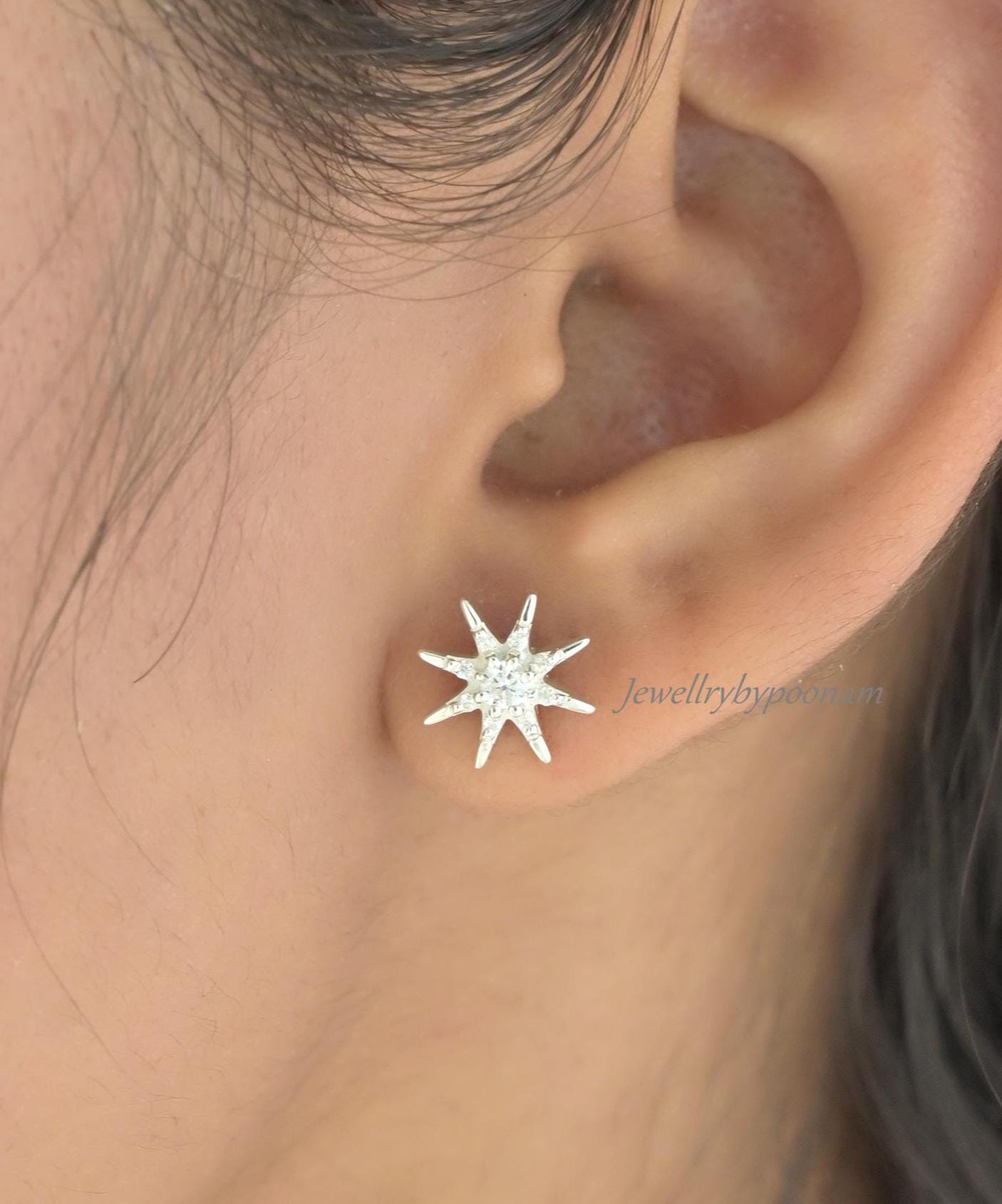 925 Sterling Silver Moissanite Star Stud Earrings: Dainty Silver Starburst - View 4 - Jewelry By Poonam | SKU: PJE2024-SLYGCZ