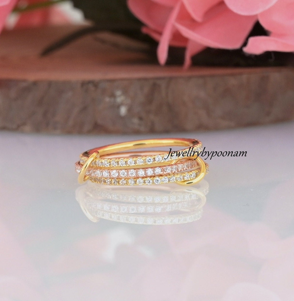 14K Gold-Plated Diamond Multi-Link Ring; Chunky Gold Connector Ring - Jewelry By Poonam | SKU: PJR2528-SLYGRGCZ-US-8 2/26