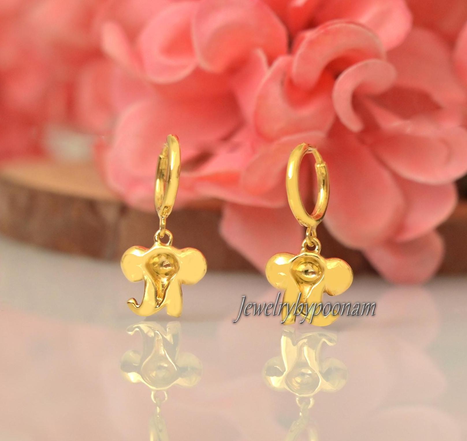 925 Gold Plated Elephant Hoop Earrings: Sterling Silver Dangle Huggies - View 4 - Jewelry By Poonam | SKU: PJE1868-SLYG-10M 2