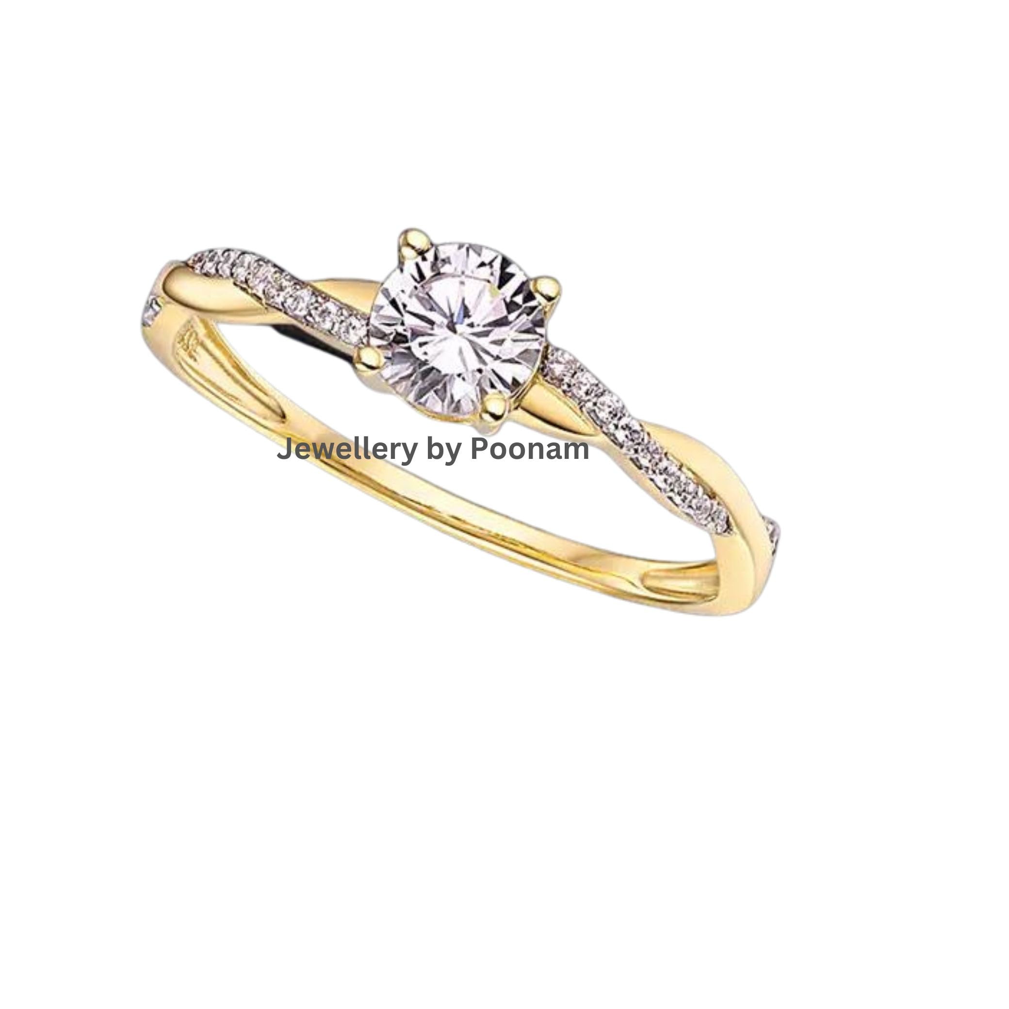Gold Plated Moissanite Ring, 925 Silver, 14K Gold - View 2 - Jewelry By Poonam | SKU: R-1065