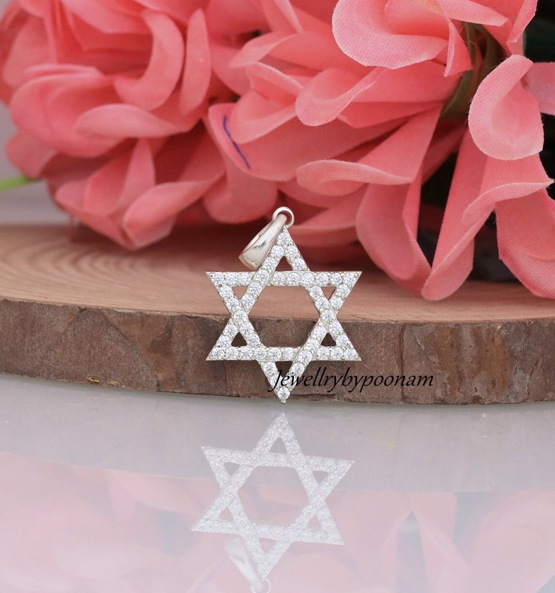 CZ Diamond Star of David Pendant: 925 Sterling Silver Charm (30 MM) - Jewelry By Poonam | SKU: PJP3179-SLNSCZ-30M 2/26