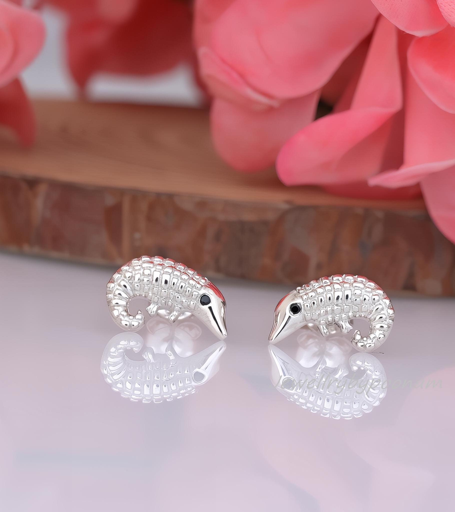 Sterling Silver Pangolin Stud Earrings, Dainty Wildlife Animal Jewelry - View 2 - Jewelry By Poonam | SKU: PJE1714-SLRHBS-10M