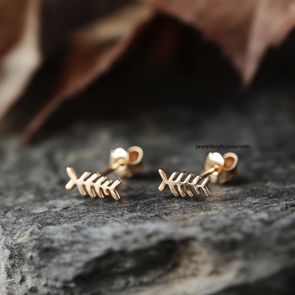 925 Sterling Silver Fishbone Stud Earrings, Tiny Animal Cartilage Jewelry - Jewelry By Poonam | SKU: PJE1814-SLYG-10M