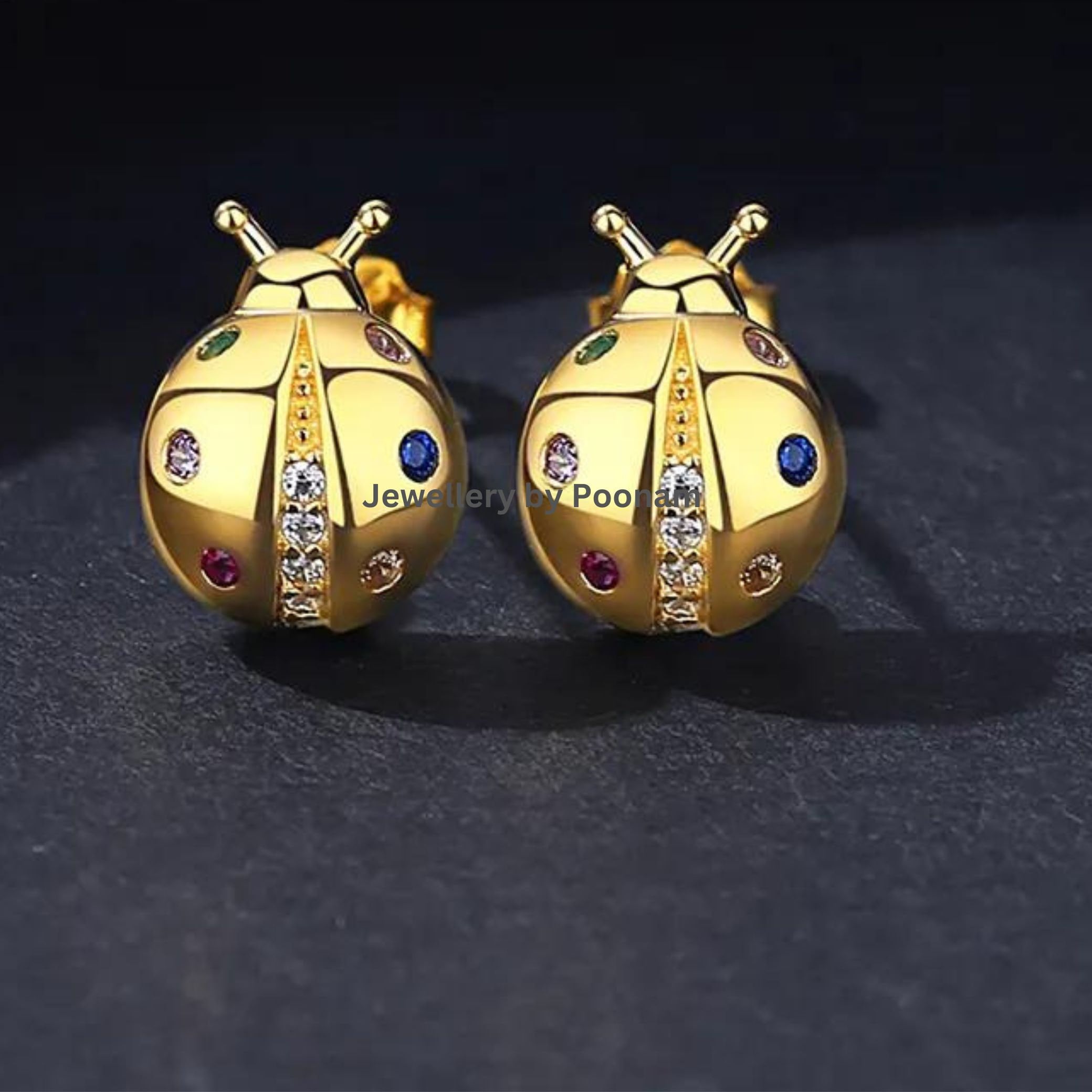 Ladybug Stud Earrings β 9K/14K Gold, Sterling Silver, Multi-Color CZ Animal Jewelry - Jewelry By Poonam | SKU: MJE2523-SLYGCZ