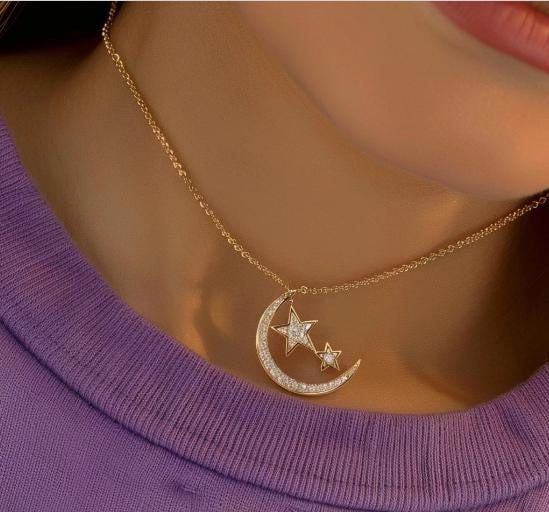 14k Gold Moissanite Moon Star Pendant: Sterling Silver Charm (30MM) - View 2 - Jewelry By Poonam | SKU: PJN1058-SLNSMN-18I