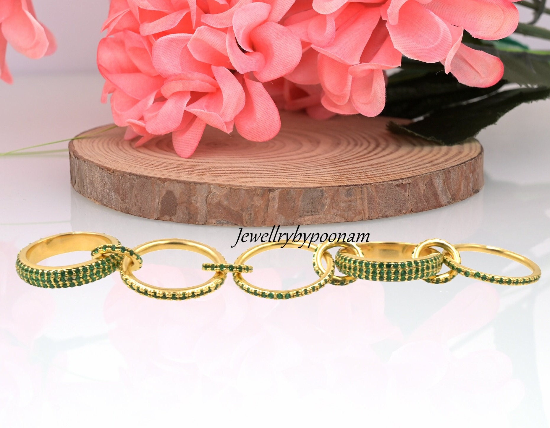 925 Silver Multi-Band Ring Set, Yellow Gold Plated, Gemstone Connector Band Ring - View 2 - Jewelry By Poonam | SKU: PJR896-S
