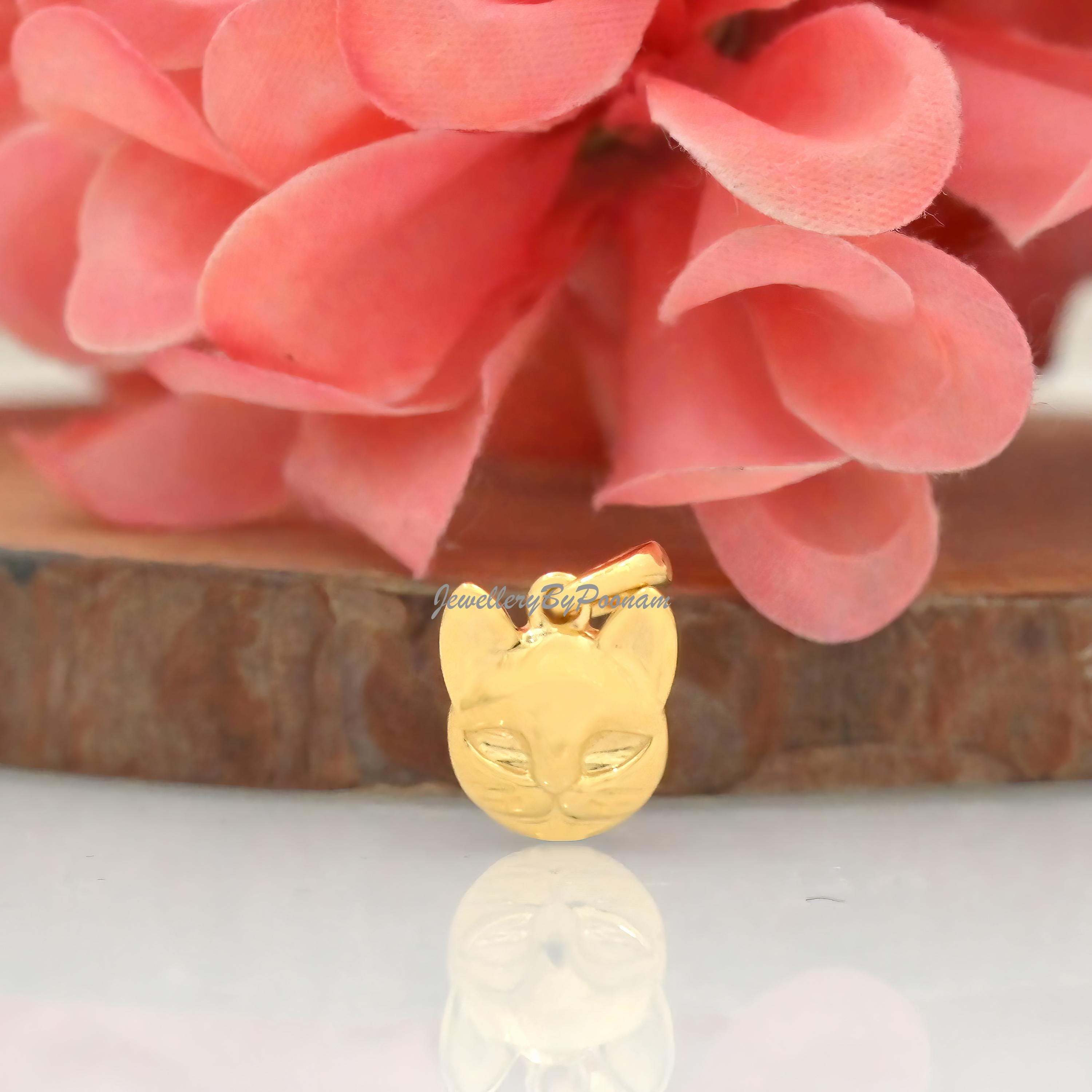 14K Gold Cat Face Pendant, Dainty Sterling Silver Animal Charm - Jewelry By Poonam | SKU: PJP4547-SLYG-15M 2/26