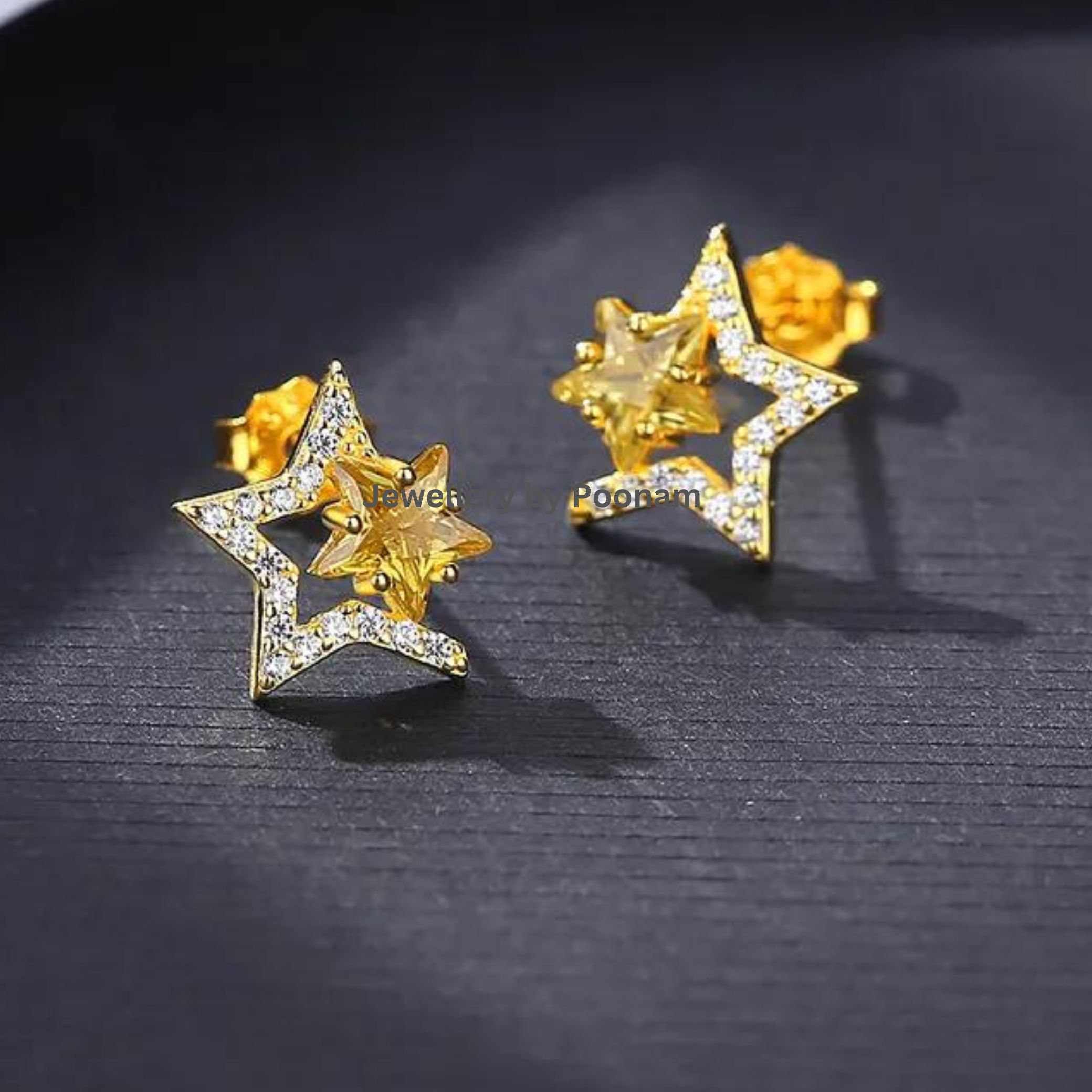 9K/14K Yellow Gold & 925 Sterling Moissanite Star Stud Earrings: CZ Double Star Design - View 3 - Jewelry By Poonam | SKU: E-