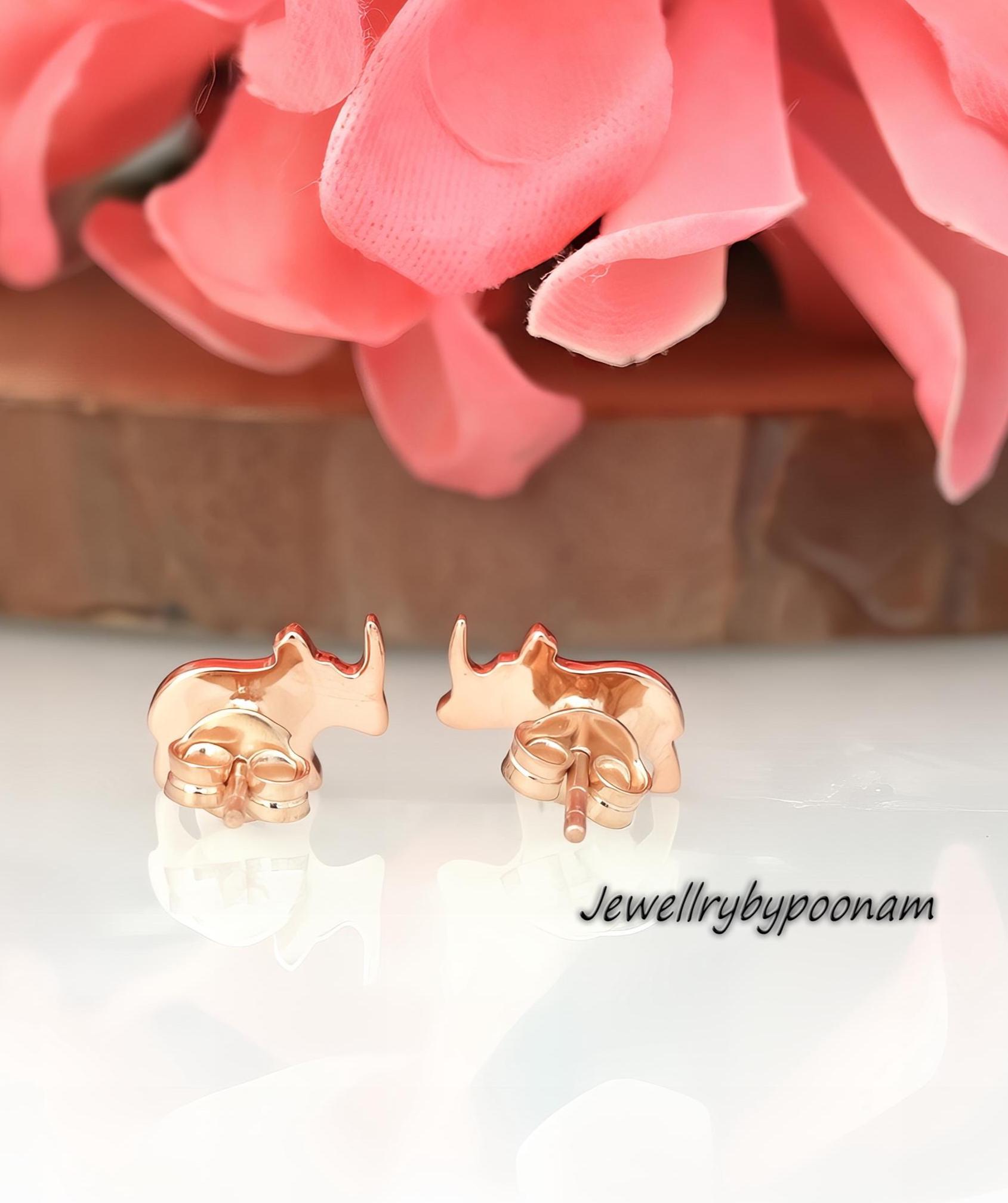 Tiny Rhino Stud Earrings in 925 Sterling Silver — Handmade Rhinoceros Earrings - View 2 - Jewelry By Poonam | SKU: PJE1693-SL