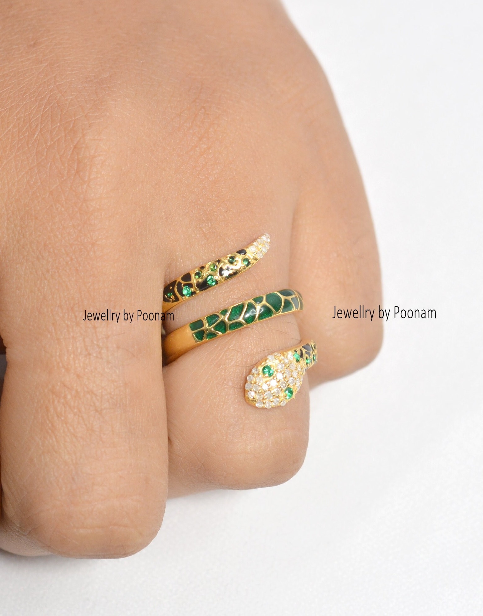 Diamond & Emerald Snake Ring: 925 Silver, Green Enamel - Jewelry By Poonam | SKU: PJR1040- 2/26