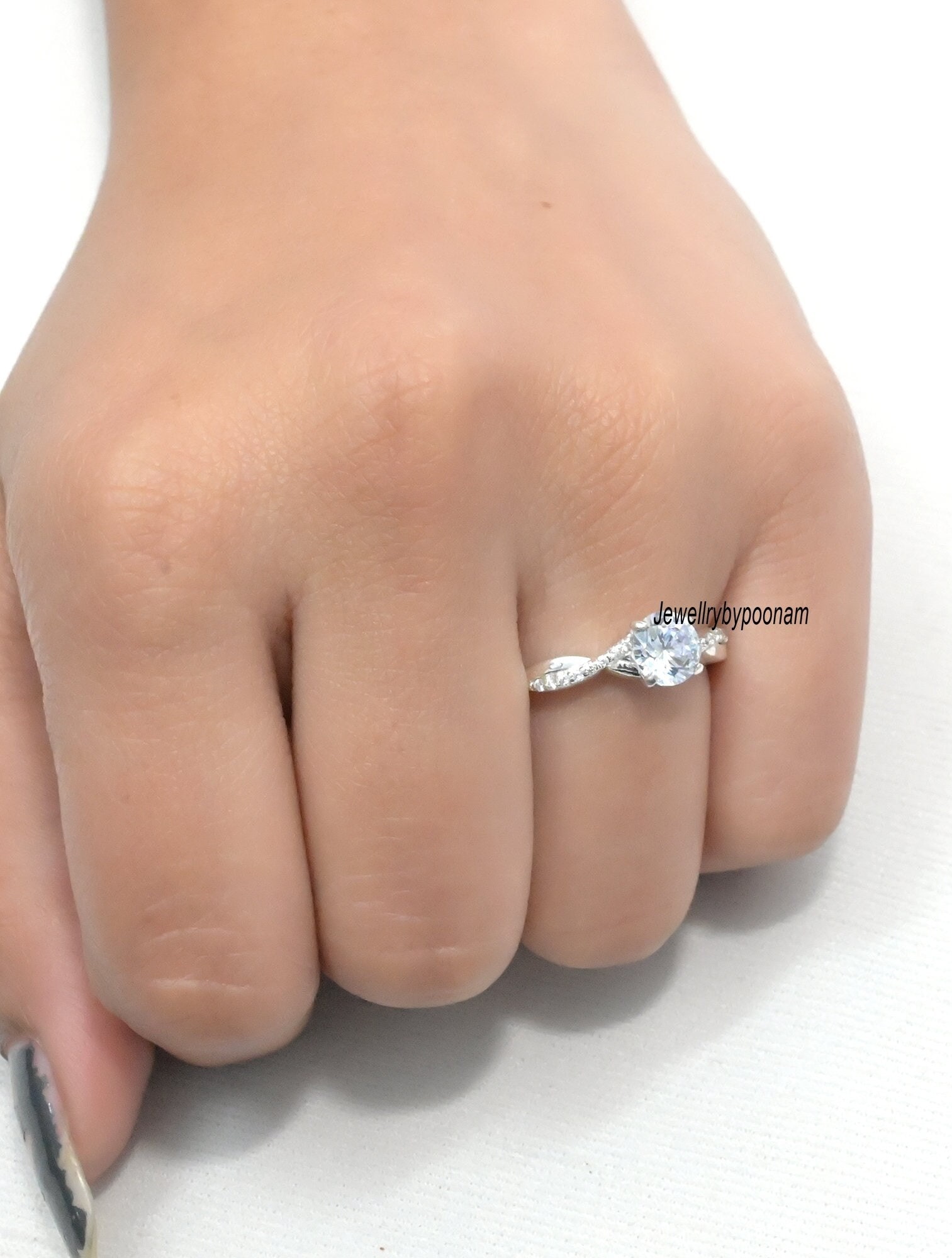925 Silver Round Cut Moissanite Ring: Engagement Wedding Ring - View 3 - Jewelry By Poonam | SKU: PJR1860 2/26