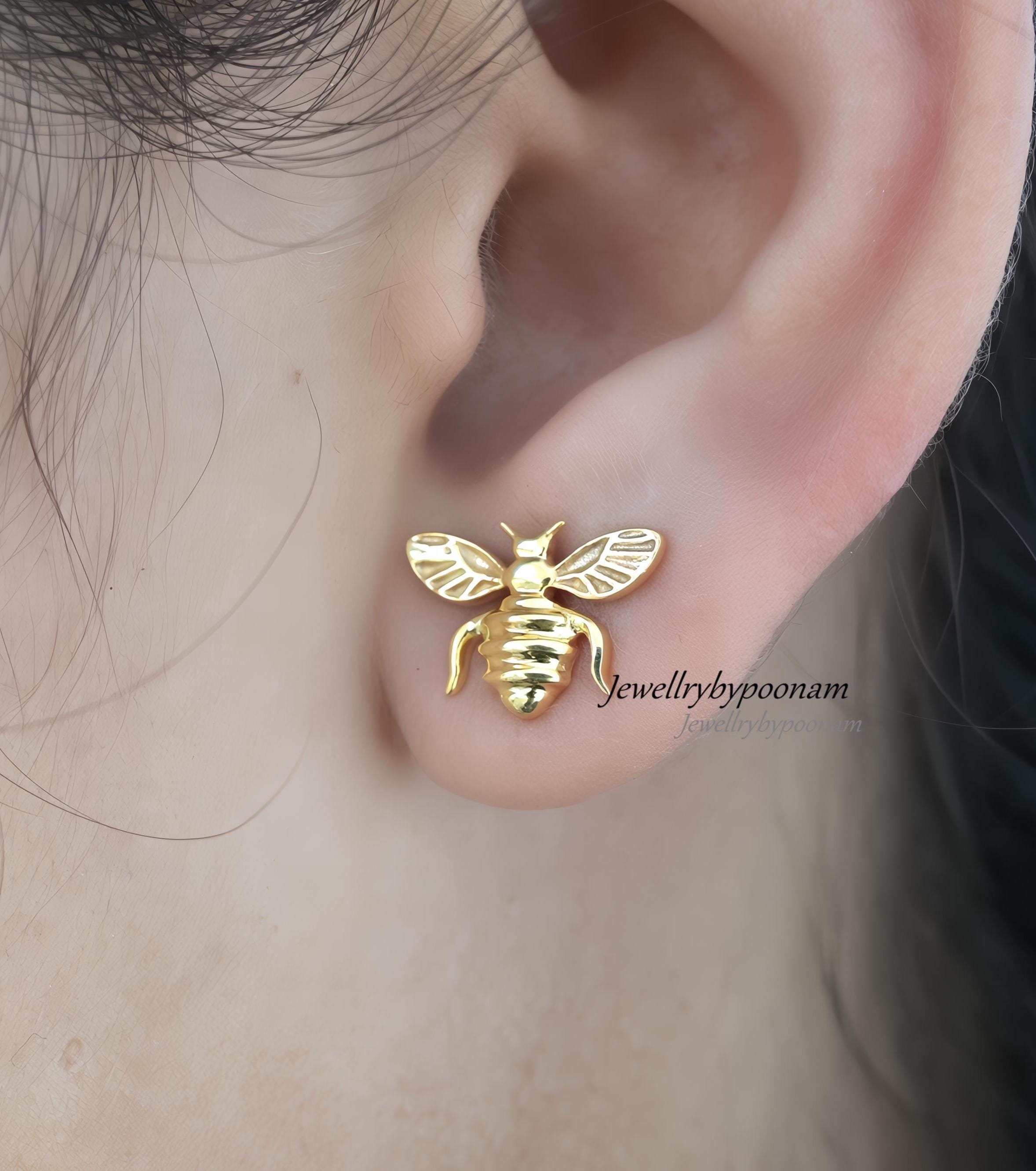 925 Sterling Silver Bee Stud Earrings — Handmade Dainty Jewelry - View 2 - Jewelry By Poonam | SKU: PJE1739-SLYG-10M 2/2026
