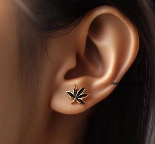 925 Sterling Silver Dainty Black Weed Leaf Stud Earrings — Tiny Marijuana Jewelry - View 2 - Jewelry By Poonam | SKU: PJE-