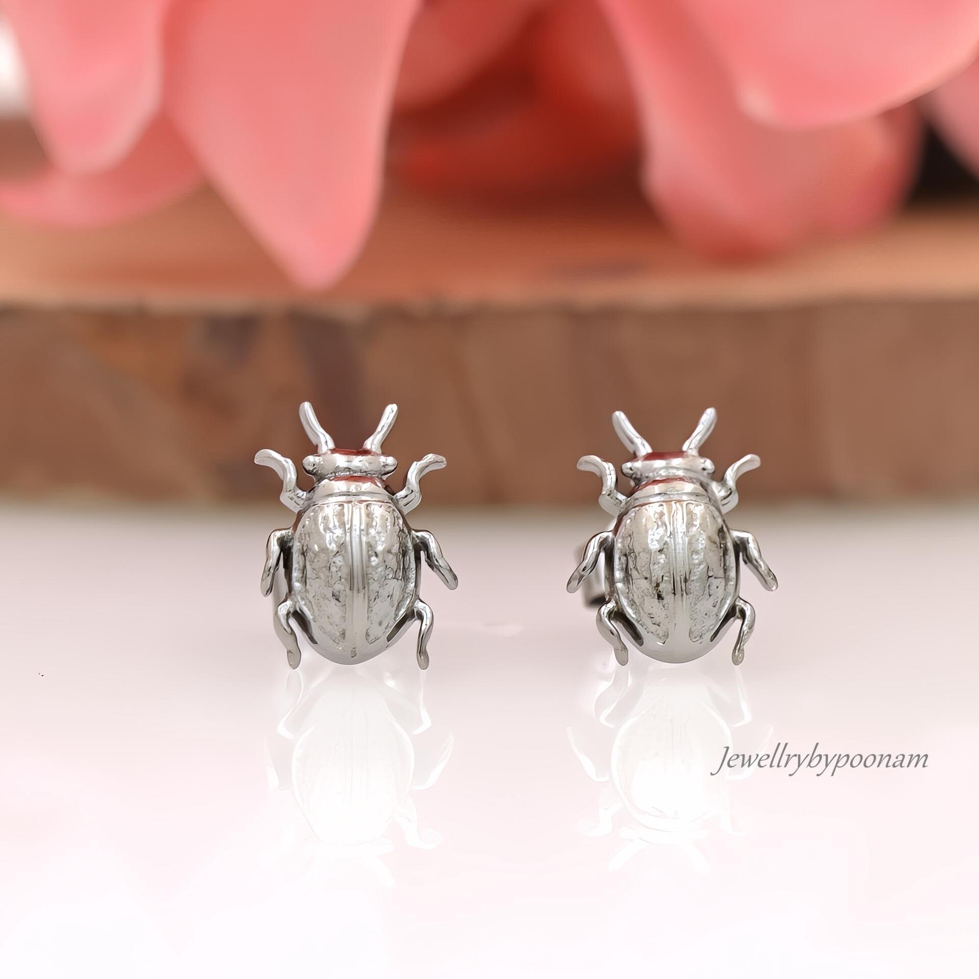925 Gold Plated Beetle Stud Earrings: Handmade Insect Jewelry (10MM) - View 2 - Jewelry By Poonam | SKU: MJE1777-SLYG-10M 2/2