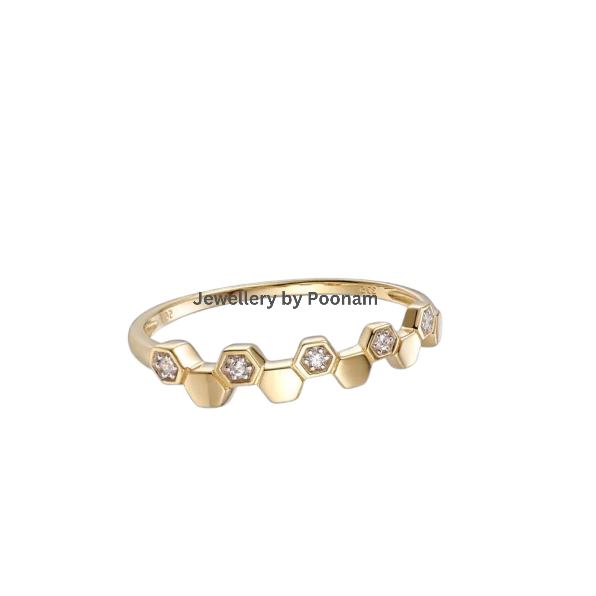 9K Gold Hexagon Ring: Cubic Zircon Engagement Ring - View 2 - Jewelry By Poonam | SKU: R-1057