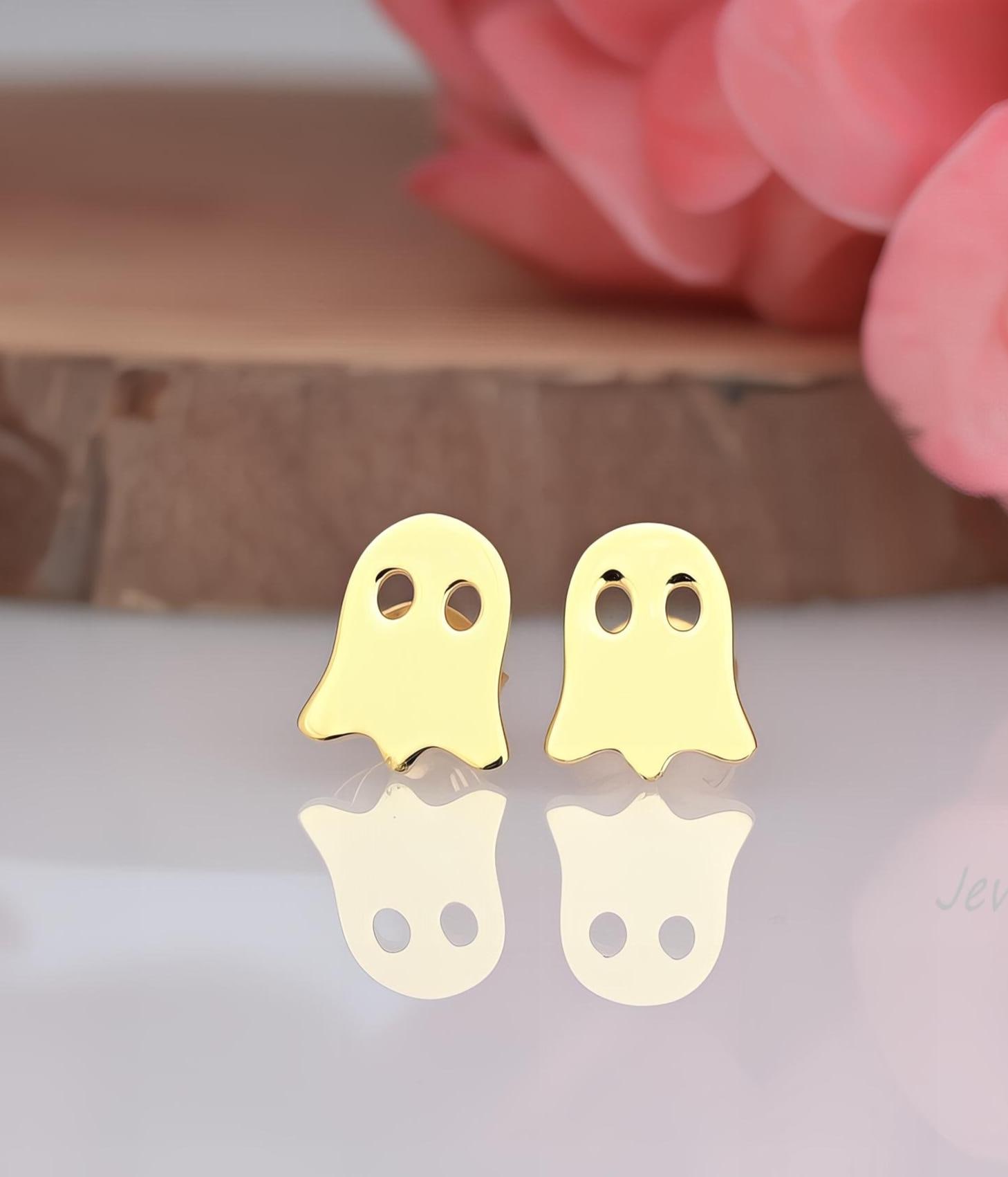 Gold Plated Sterling Silver Ghost Stud Earrings: Halloween Jewelry - Jewelry By Poonam | SKU: PJE1738-SLYG-10M 2/26