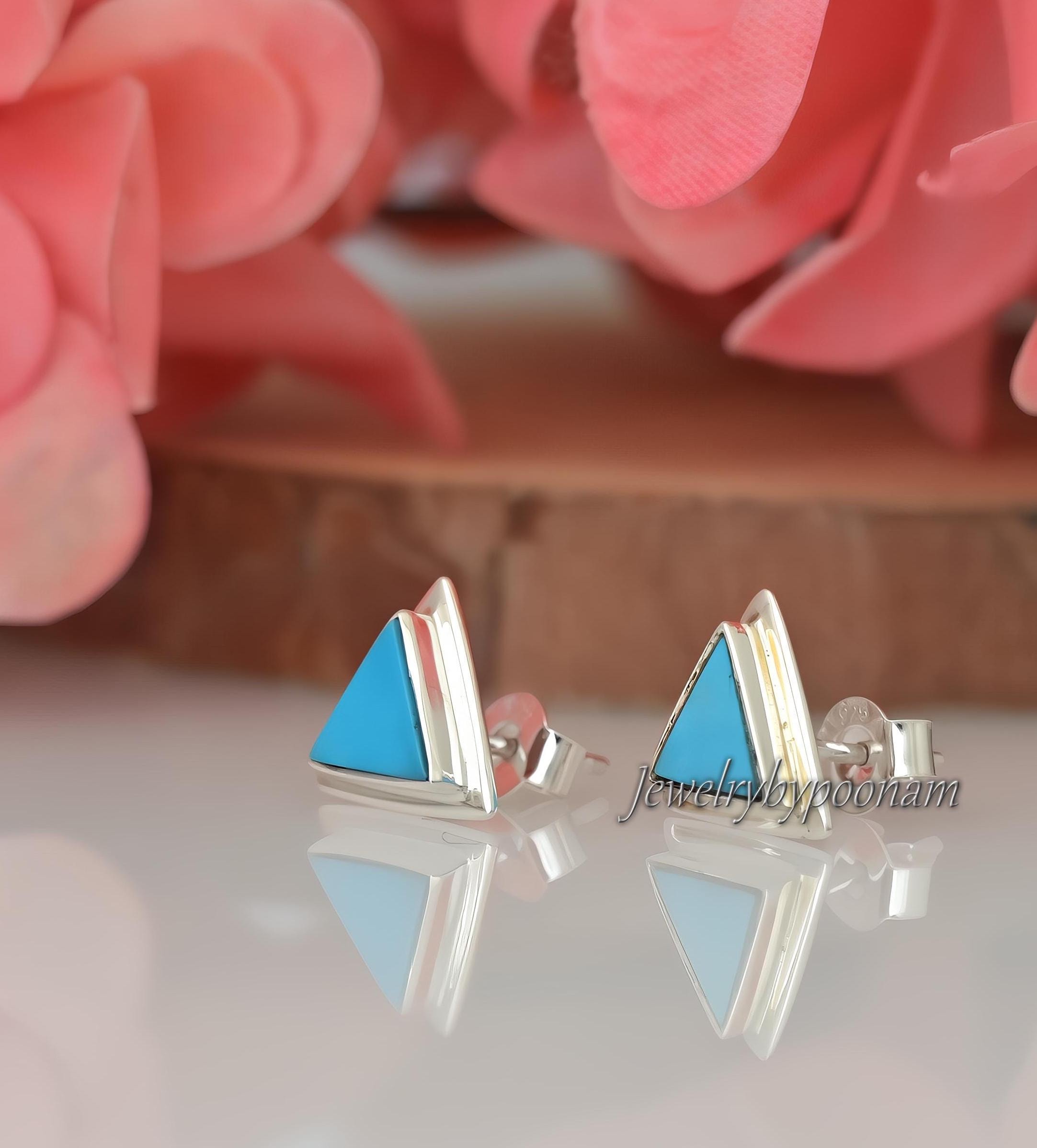 Sterling Silver Turquoise Triangle Stud Earrings: 10mm Gemstone Studs - View 3 - Jewelry By Poonam | SKU: PJE1861-SLNSTQ-10M