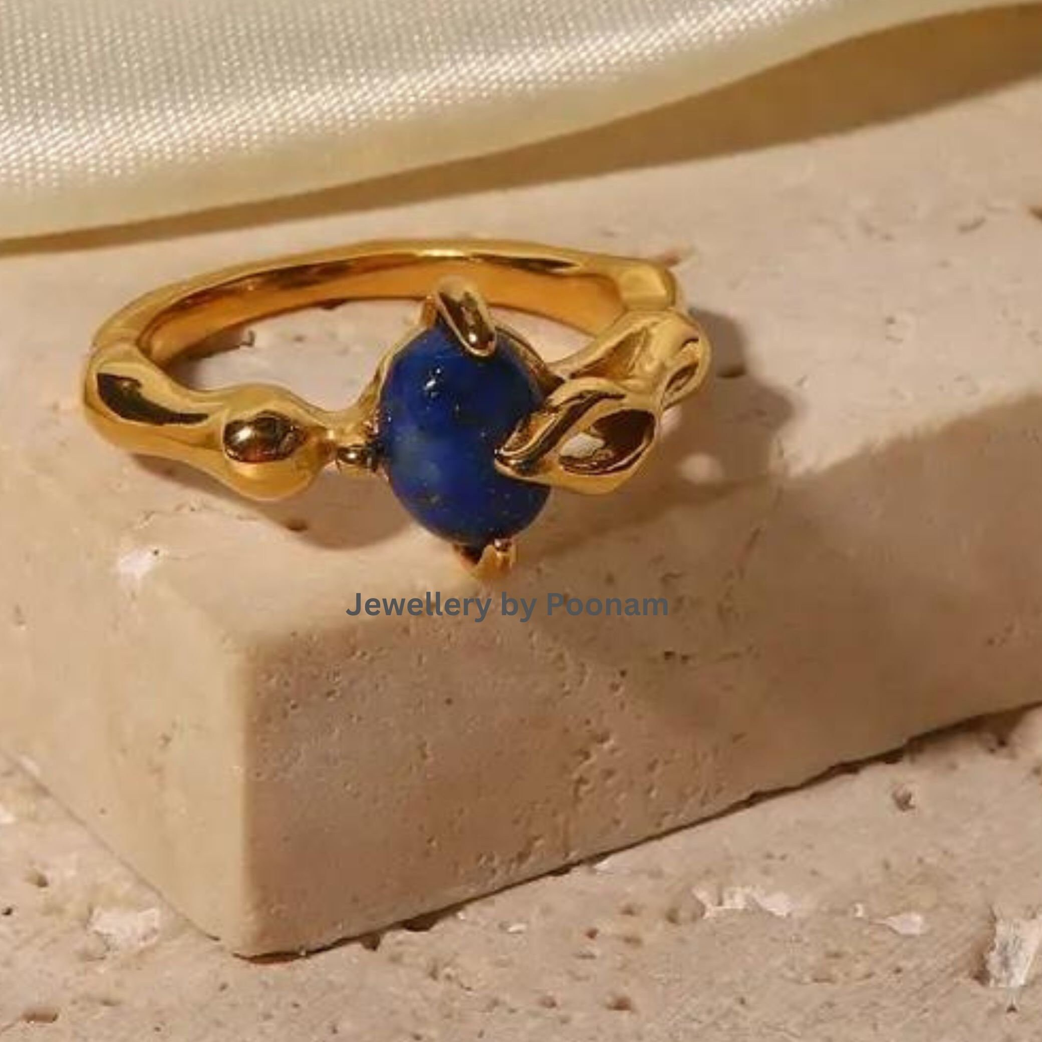 14K Gold Plated Lapis Lazuli Ring – French Oval Gemstone Stacking Band - View 2 - Jewelry By Poonam | SKU: R-1083