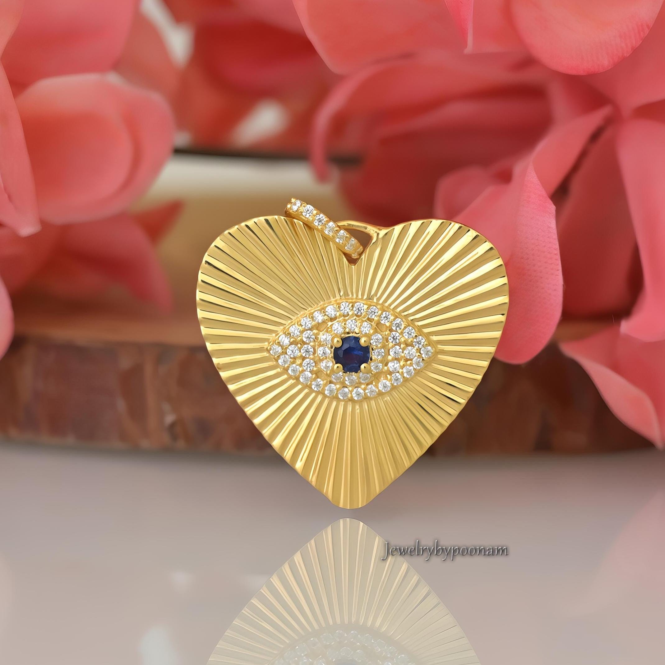 14k Gold Evil Eye Heart Pendant: Diamond & Blue Sapphire - Jewelry By Poonam | SKU: PJP4902-SLYGBSPCZ-30M 2/26