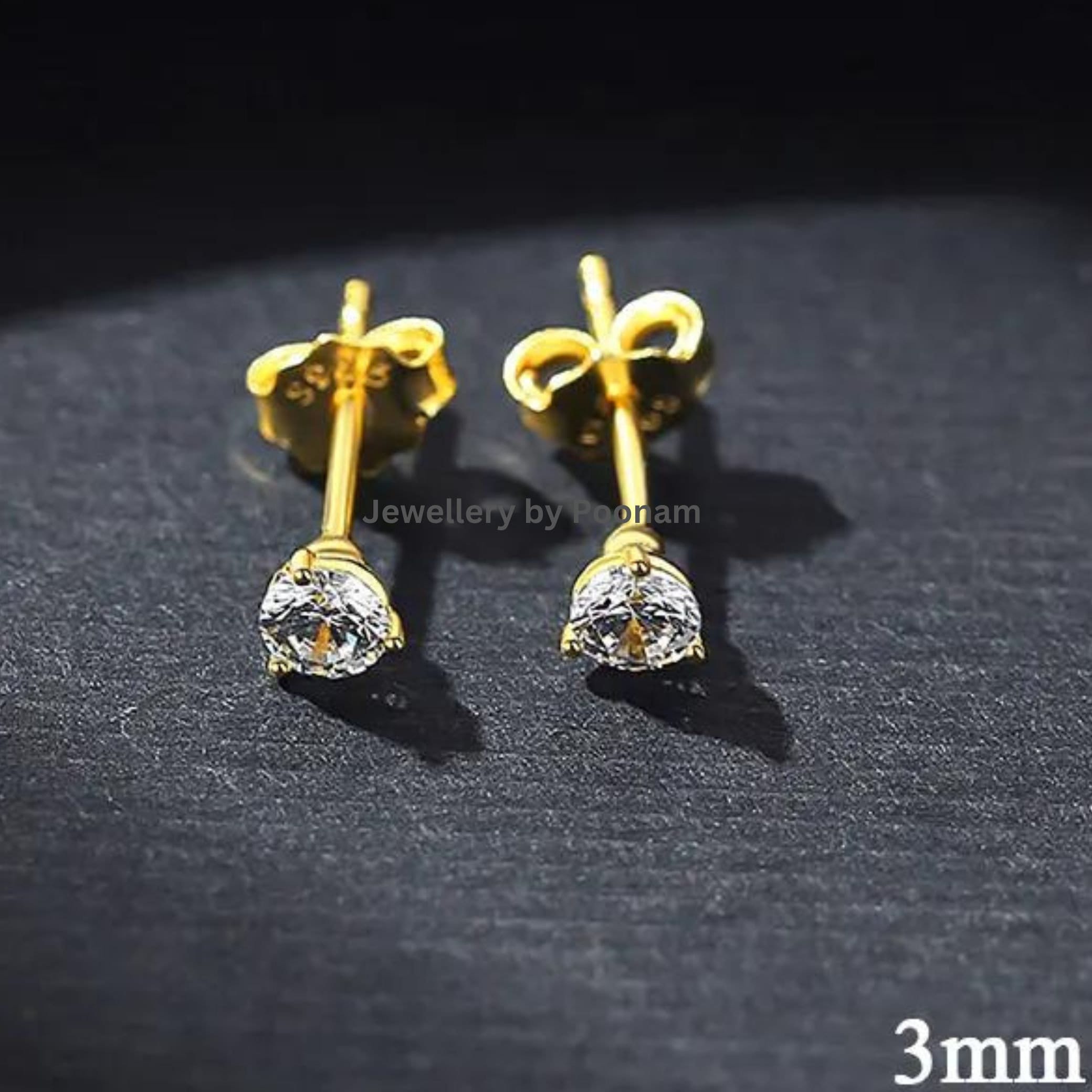 9K/14K Yellow Gold & 925 Sterling Round Cut Stud Earrings: Moissanite or CZ - View 2 - Jewelry By Poonam | SKU: E-113