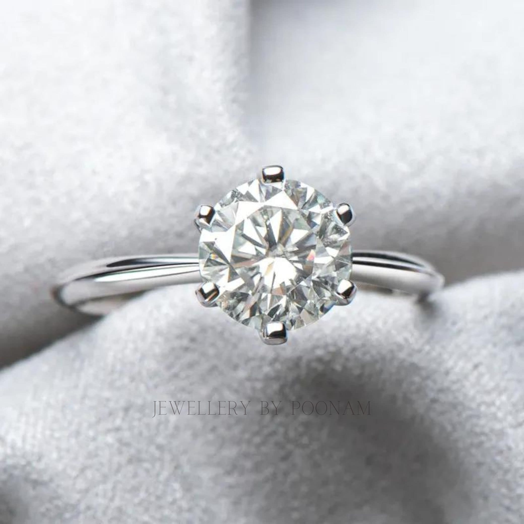 Classic Round Cut Moissanite Engagement Ring – 925 Sterling Silver Bridal Ring - Jewelry By Poonam | SKU: R-1193