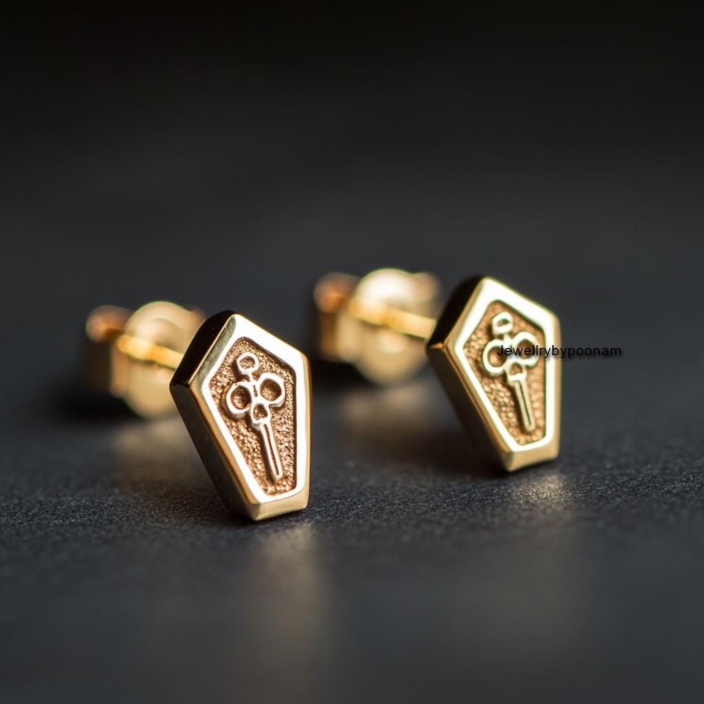 925 Sterling Silver Coffin Stud Earrings — Halloween Jewelry - View 3 - Jewelry By Poonam | SKU: PJE1805-SLYG-10M
