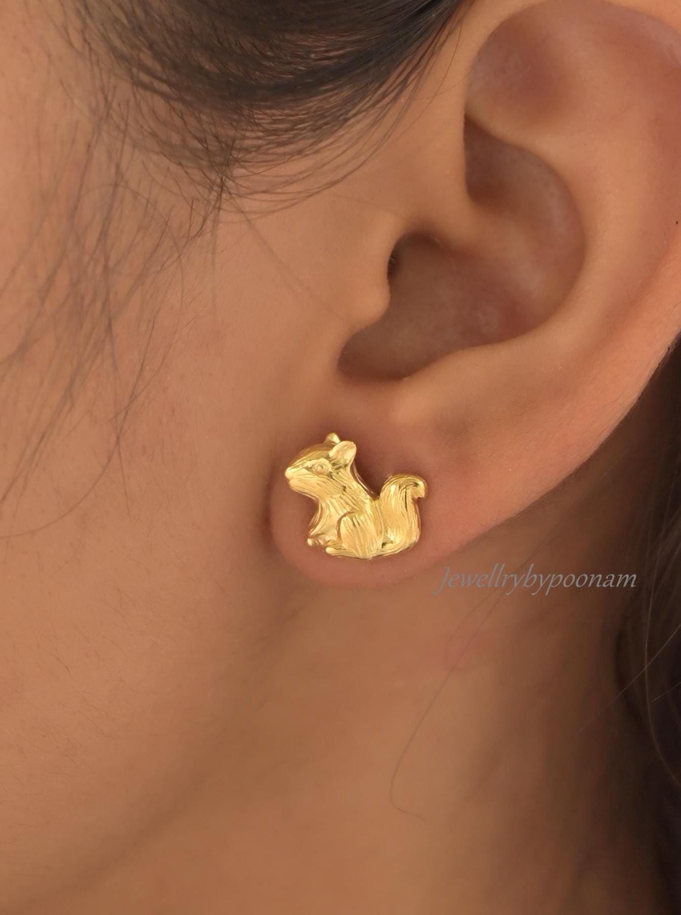 Gold Plated Squirrel Stud Earrings: 925 Silver, Handmade Squirrel Stud Earrings - View 2 - Jewelry By Poonam | SKU: PJE1804-S