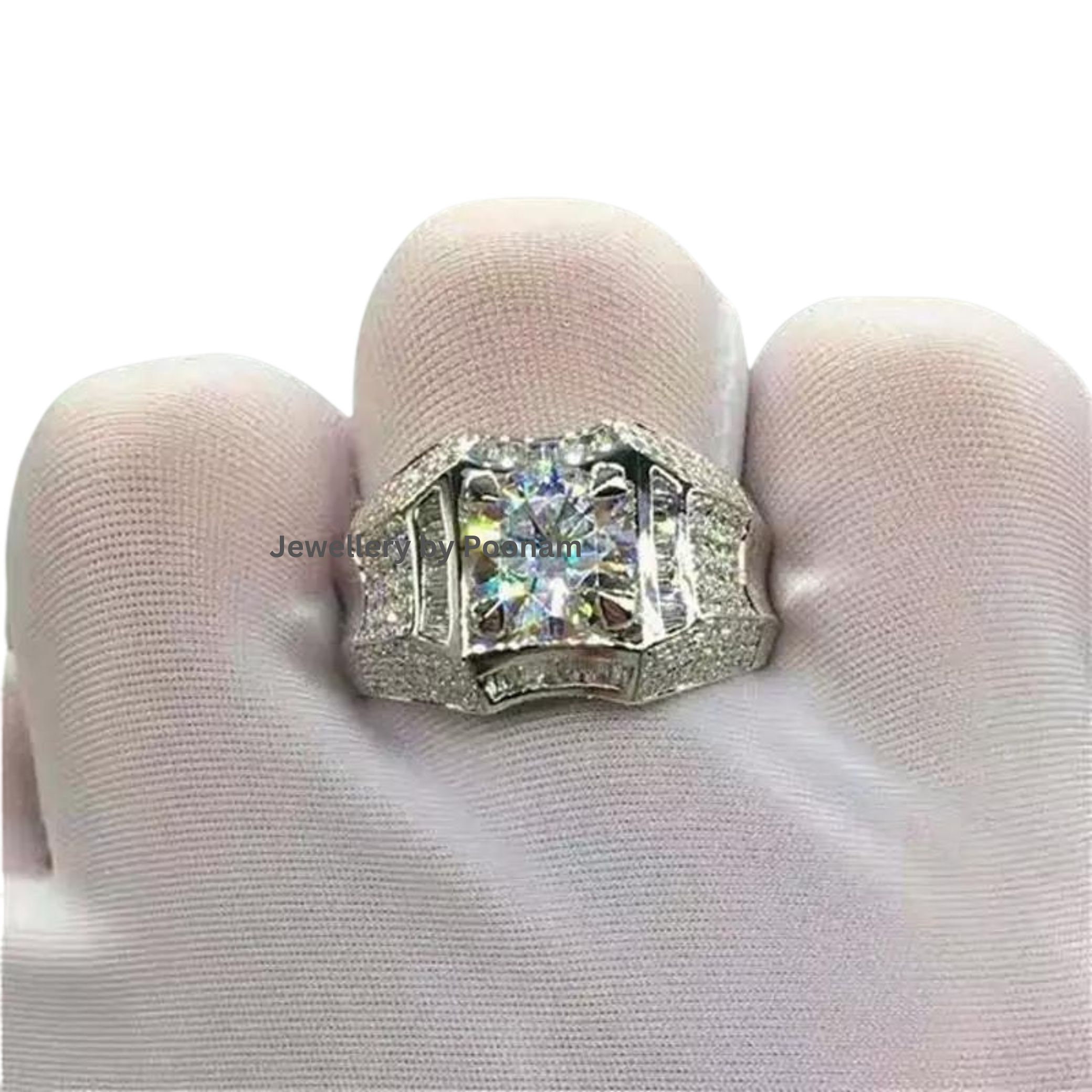 14k Gold Moissanite Ring: Statement Luxury Jewelry - View 2 - Jewelry By Poonam | SKU: PJR2786-SLWGMN-US-8