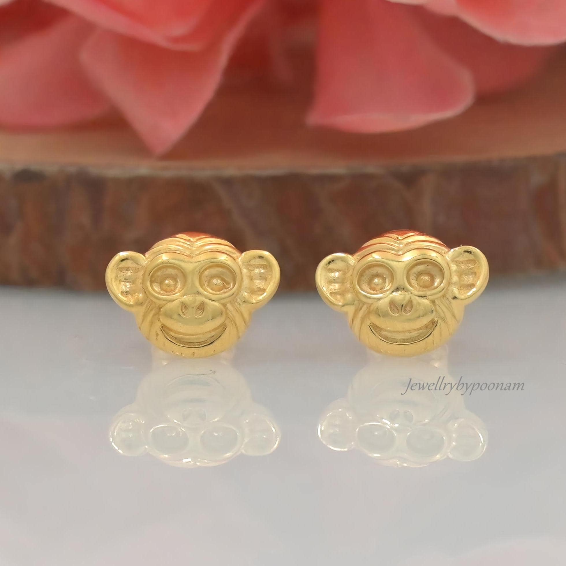 Gold Plated Monkey Stud Earrings, 925 Silver, 10mm - Jewelry By Poonam | SKU: PJE1783-SLYG-10M 2/26